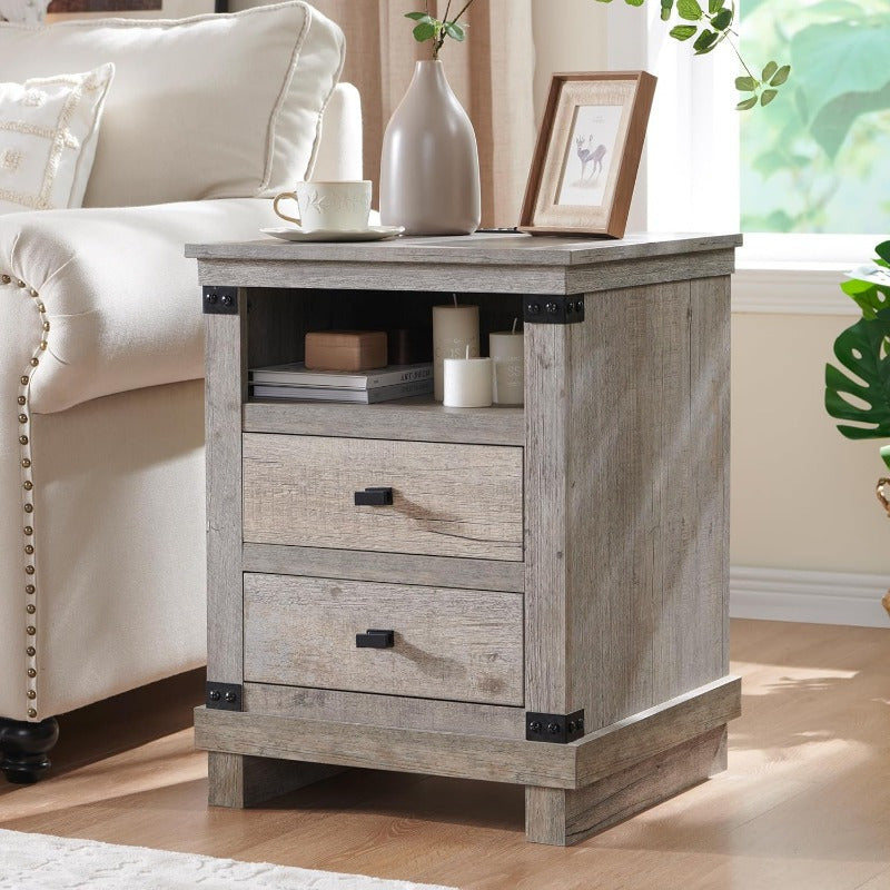 Rustic Farmhouse Nightstand with Charging Station - 18" Wood End Table with 2 Storage Drawers, Ideal for Bedroom & Living Room