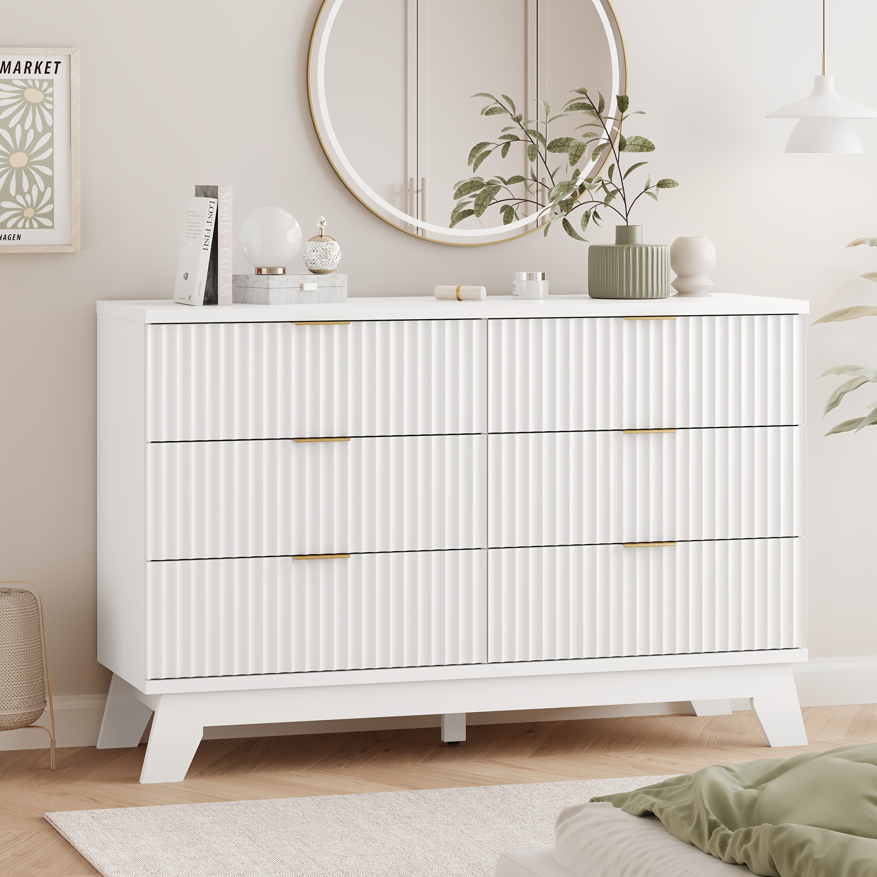 Elegant 6-Drawer Fluted Dresser in Pure White - Modern Chest of Drawers with Golden Metal Handles, 48" Wide, Hardwood Construction, Ideal for Bedroom & Living Room Storage, Living Room Furniture|Elegant Furniture Piece|Handle