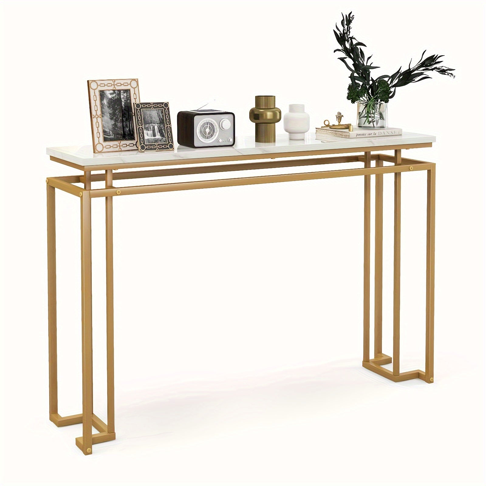 Elegant 120 cm White Faux Marble Top Console Table with Golden Metal Frame - Modern Entryway Table with Anti-Toppling Kit, Adjustable Feet for Stability, Waterproof & Durable - Perfect for Decor & Everyday Use, Console Table for