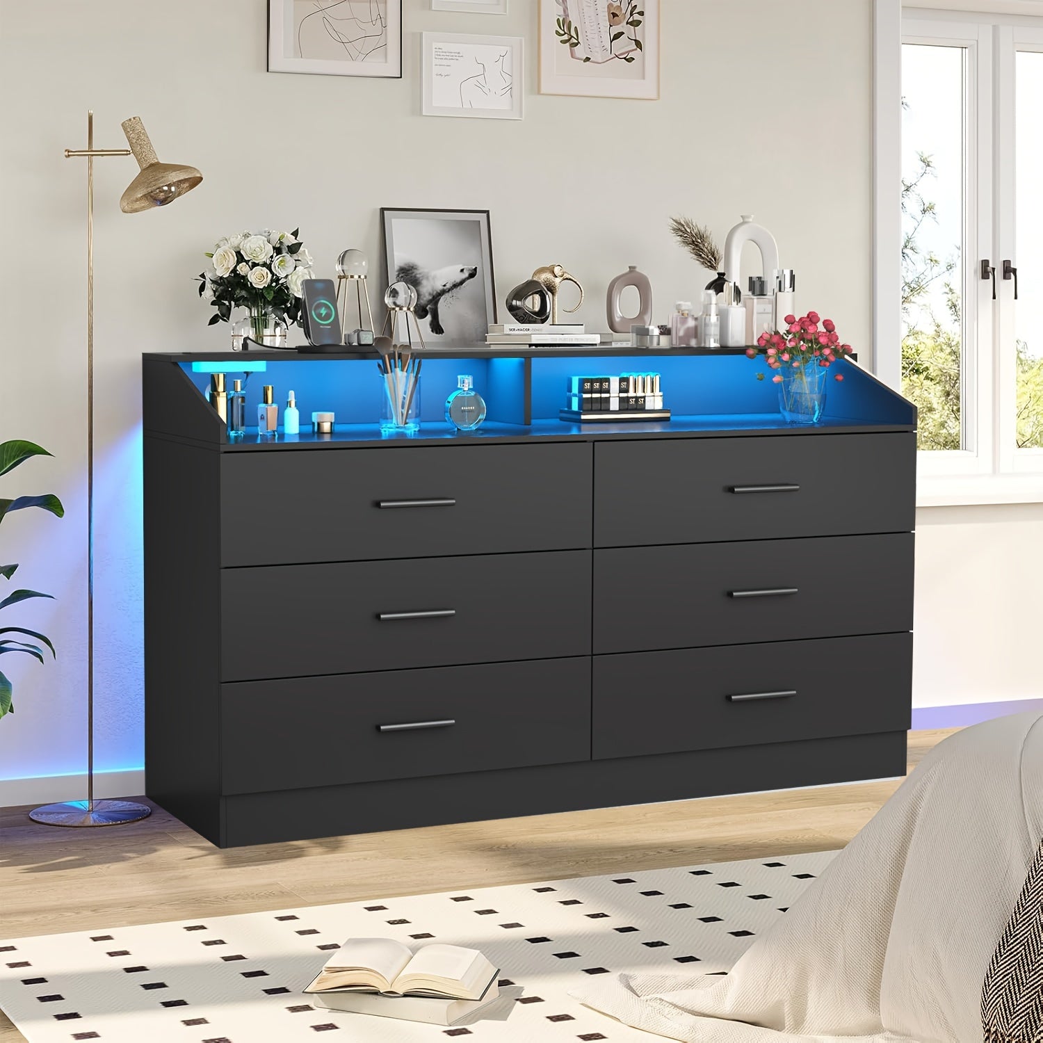 White/Black Dresser For Bedroom With 6 Drawers, Modern Dresser With Power Outlet, Chest Of Drawers For Closet, Drawer Dresser With Open Storage Cubby, Dresser Organizer For Bedroom, Living Room, Entryway, Hallway