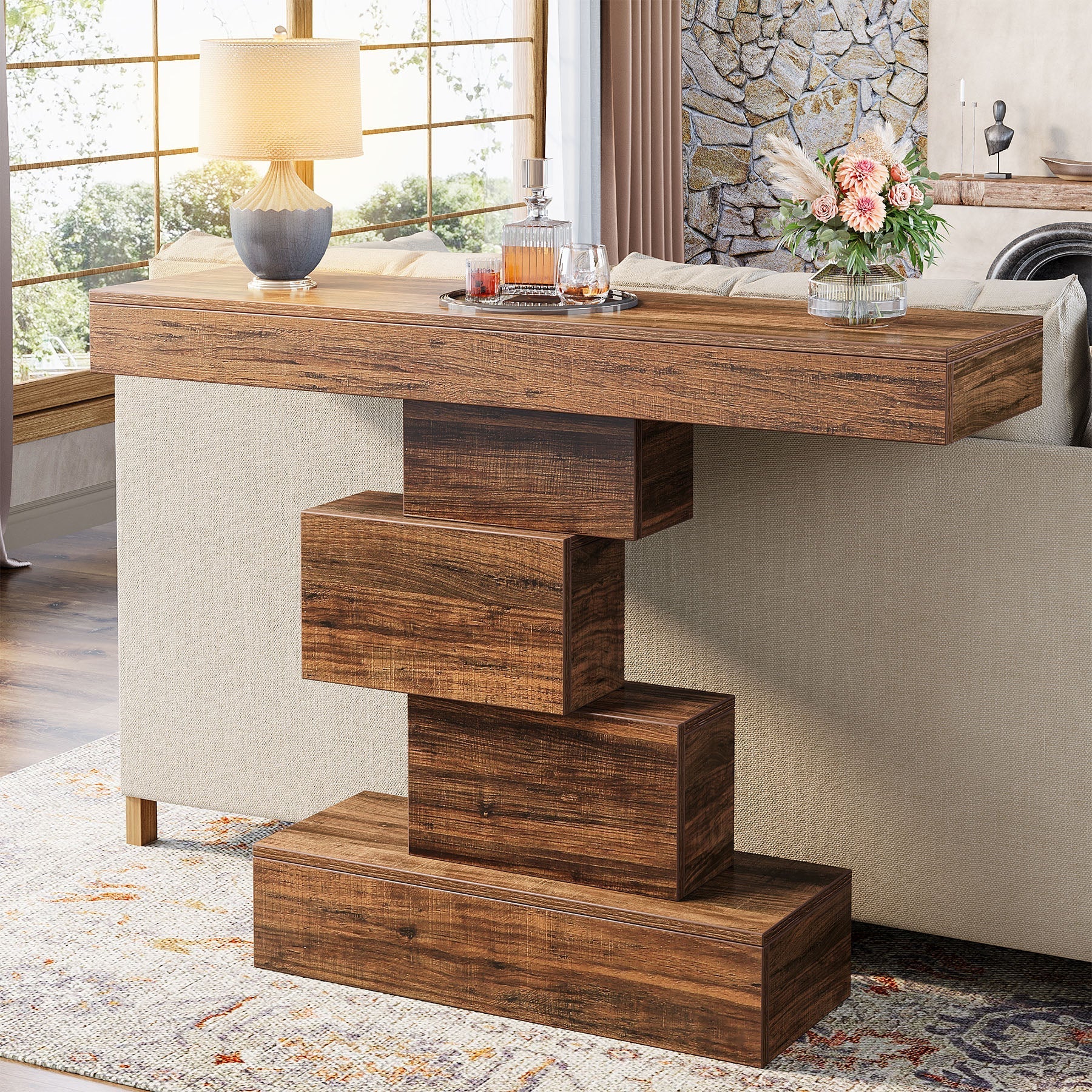 106.68 cm Console Table, Wood Sofa Table Accent Table with Geometric Base