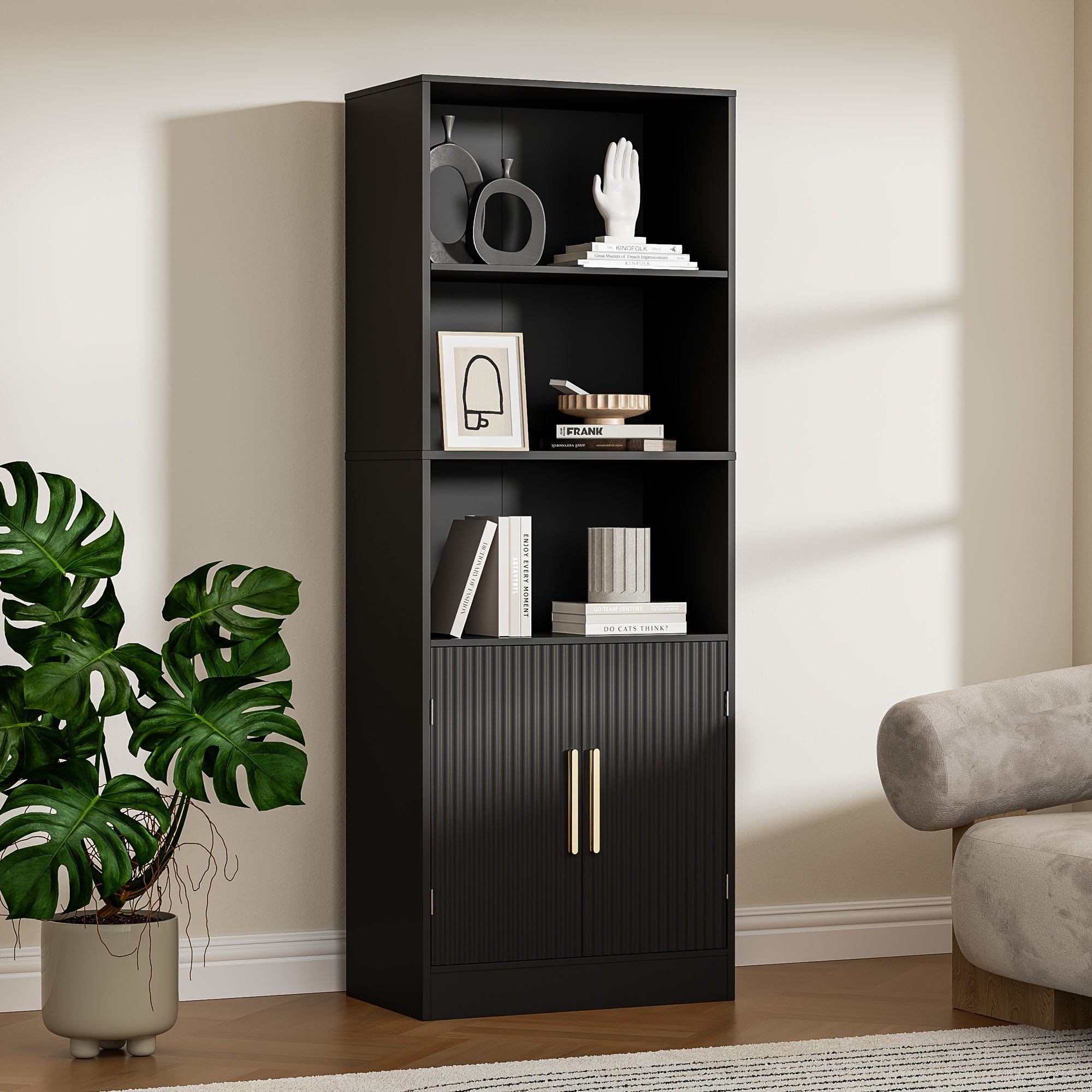 Modern Bookshelf with 2 Doors, 63 Inch Tall Bookshelf, 3-Tier Bookshelf with Adjustable Shelves, Open Shelf Bookcase, Unique Bookshelf for Bedroom, Office and Study, White/Black