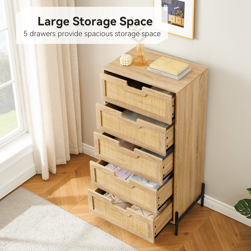 5 Drawers Dresser for Bedroom, Natural Rattan Drawer with Spacious Storage, Wood Chest of Drawers with Metal Legs for Bedroom, Living Room, Hallway, Entryway, Closet