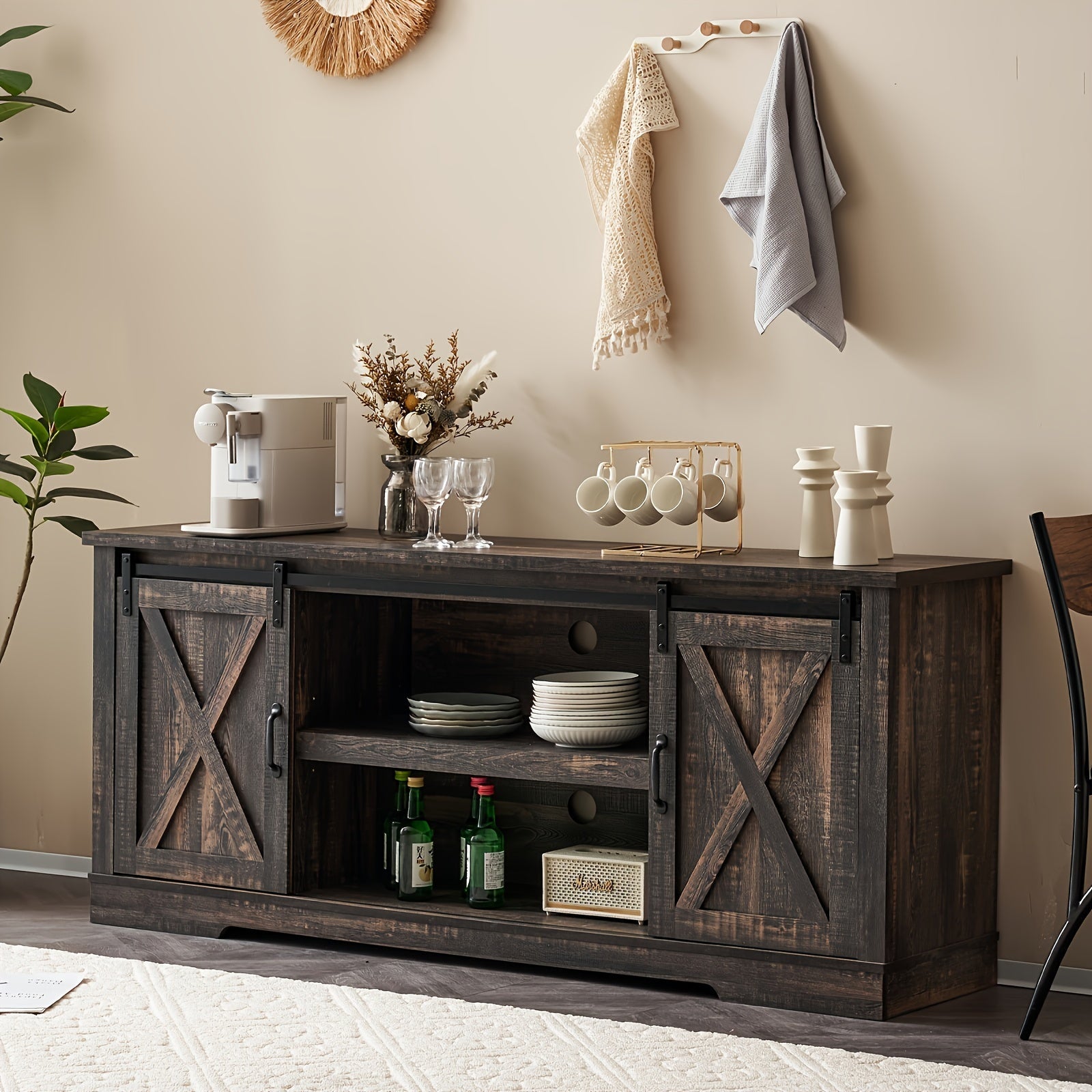 167cm Farmhouse TV Stand for 75" TVs, Entertainment Center with Sliding Barn Doors, Adjustable Shelves and Feet, Storage Console Table