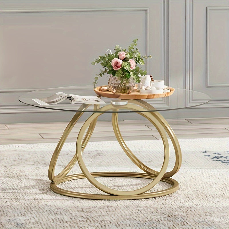 Modern Round Coffee Table, Tempered Glass Center Table With Metal Frames, Golden Coffee Table Coffee Table For Living Room Office, 1 PC