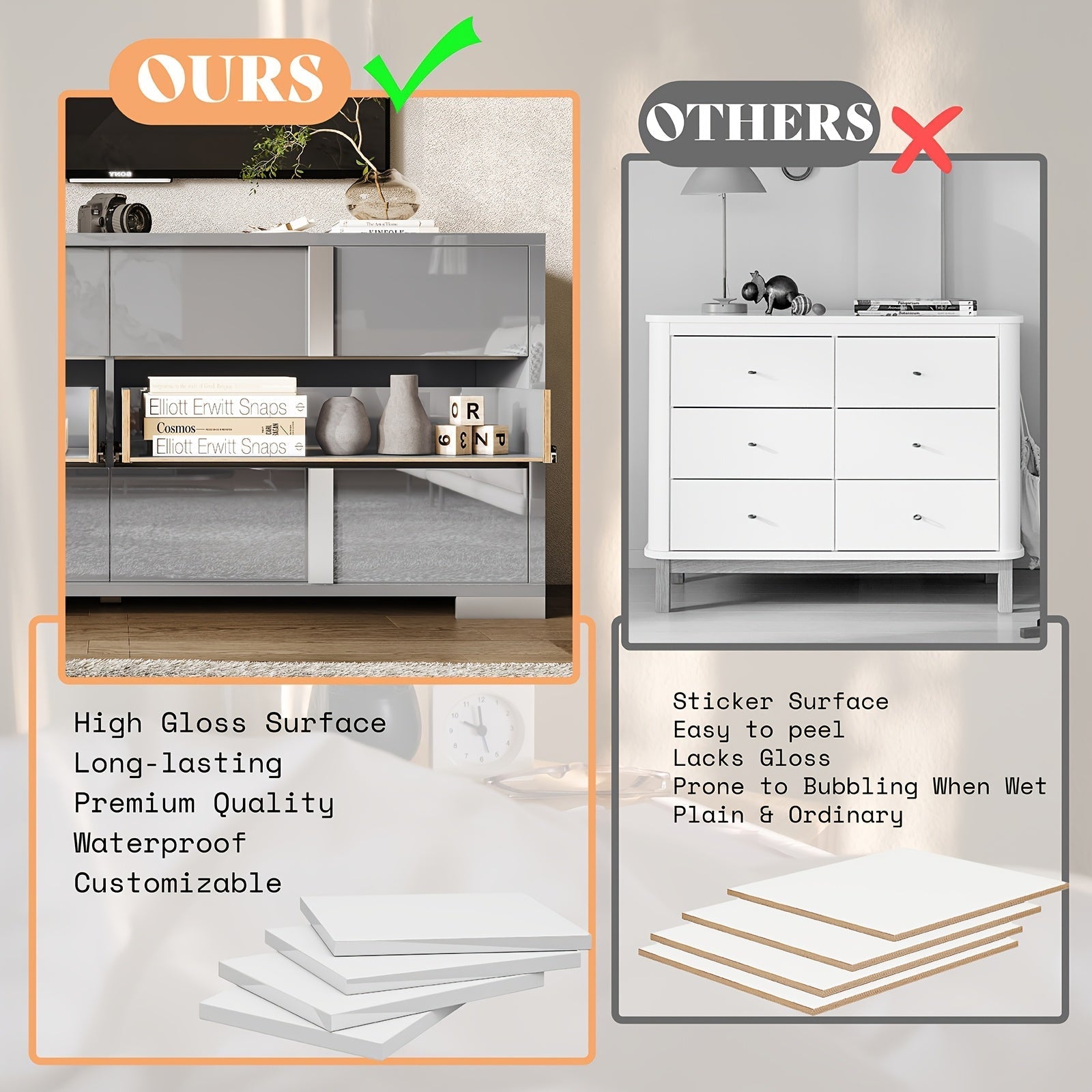 1pc Modern 137cm W Dresser, 6-Drawer Glossy Hardwood & MDF Sideboard with Silver Accents, Freestanding Storage Organizer for Bedroom, Living Room