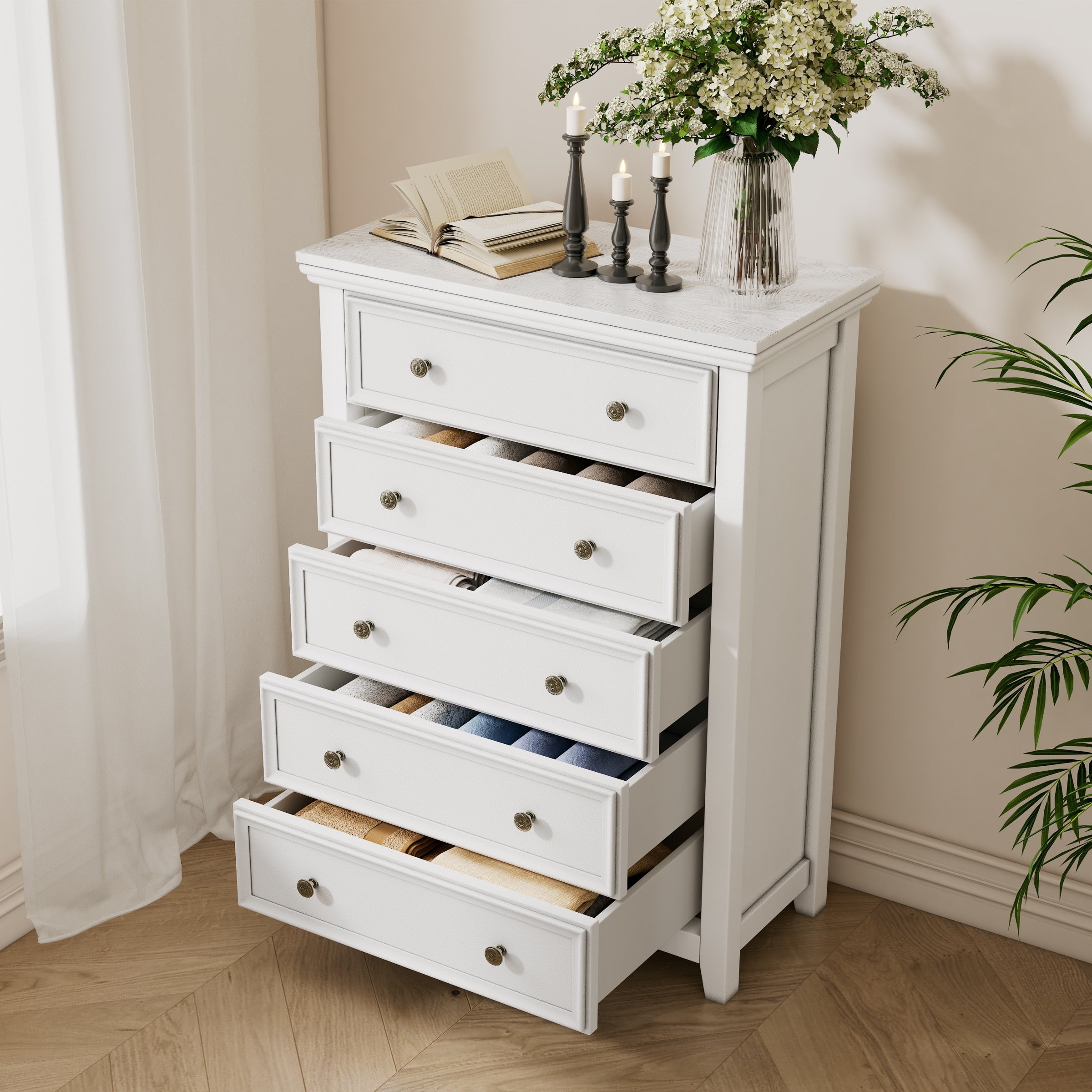 White Dresser for Bedroom, 5 Chest of Drawers, 5 Drawer Dresser for Home Office, Storage Drawer Cabinet with for Bedroom, Living Room, Hallway