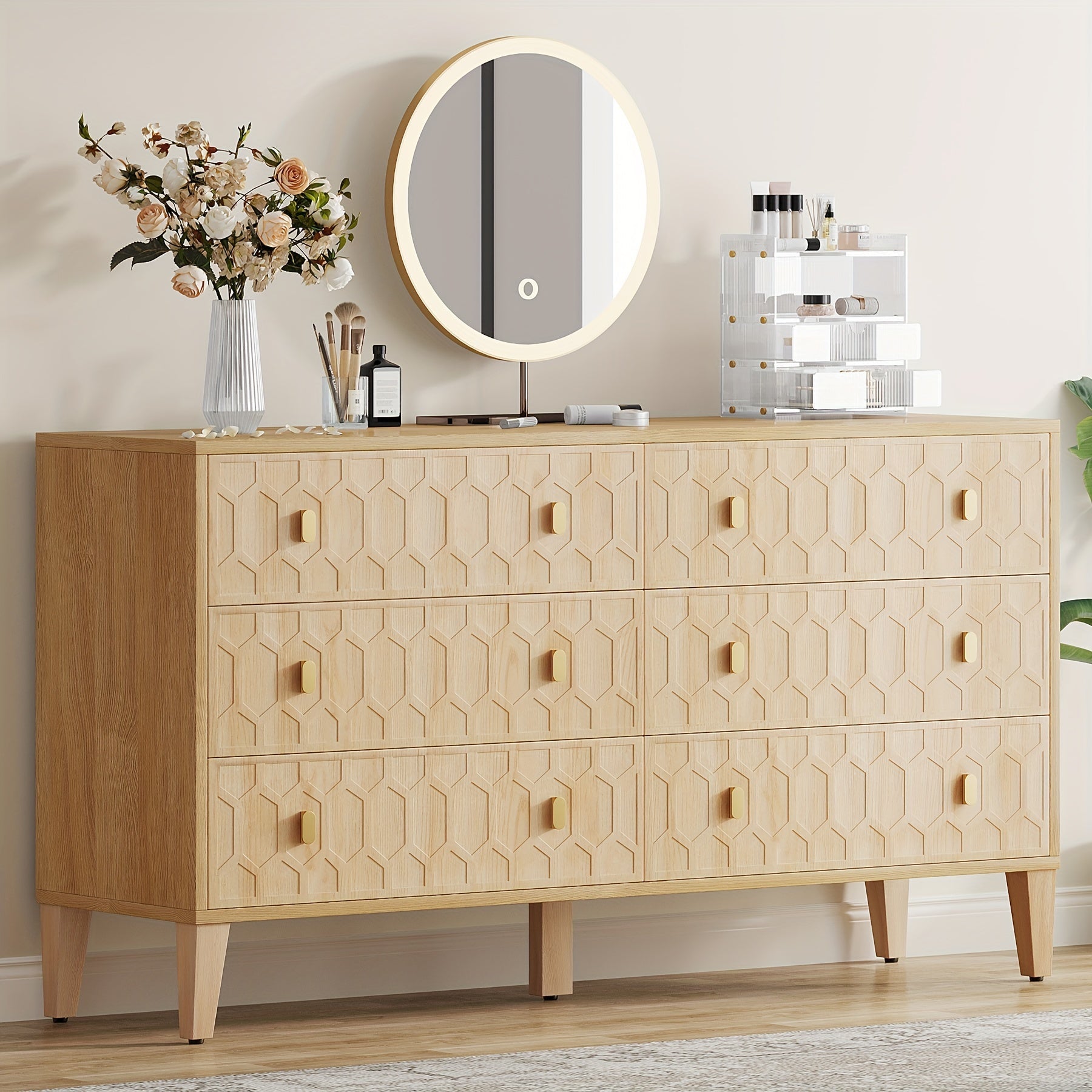 Dresser For Bedroom, 140cm Chest Of Drawers, Wood 6 Drawers Double Dresser With Solid Wooden Legs, Large Dresser Chest Cabinet For Closet, Living Room, Entryway