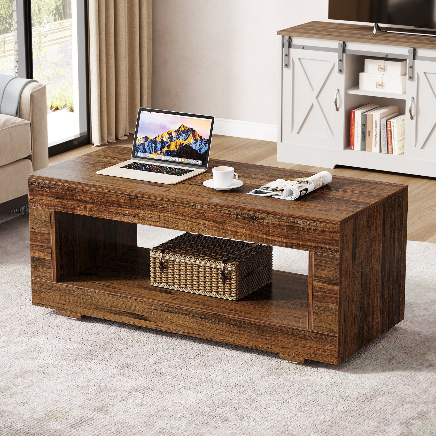 109 cm Coffee Table, Farmhouse Center Table With Storage