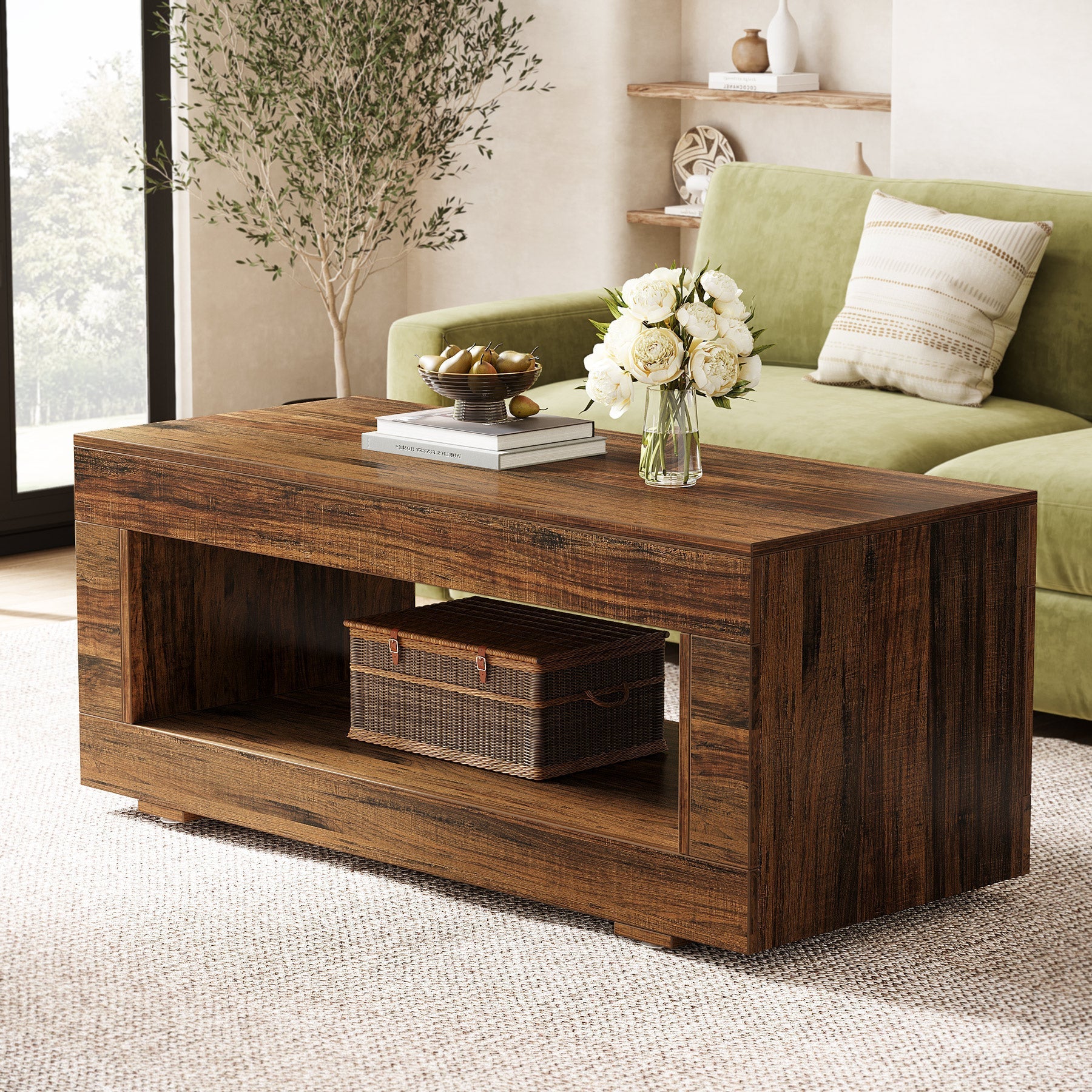 109 cm Coffee Table, Farmhouse Center Table With Storage