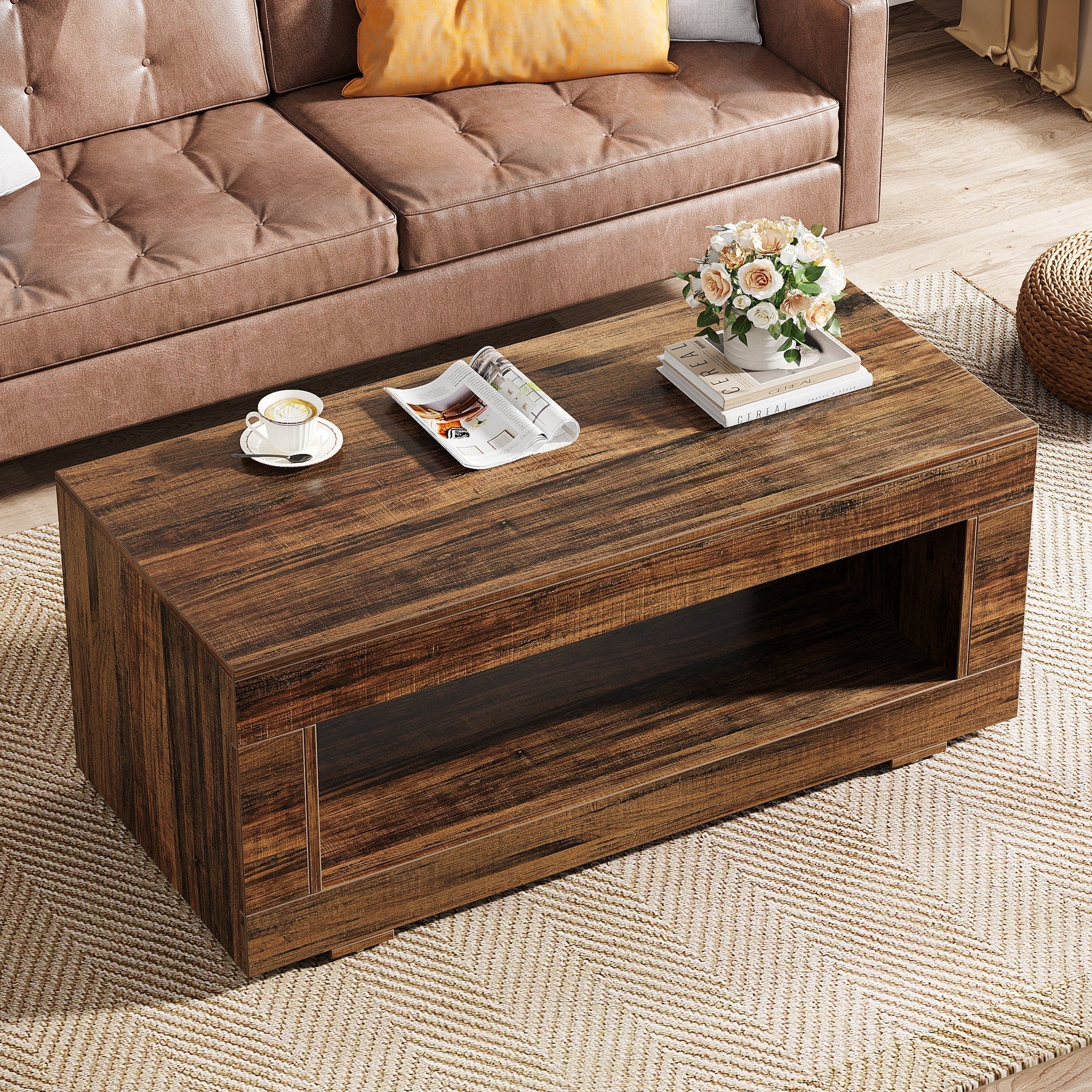 109 cm Coffee Table, Farmhouse Center Table With Storage