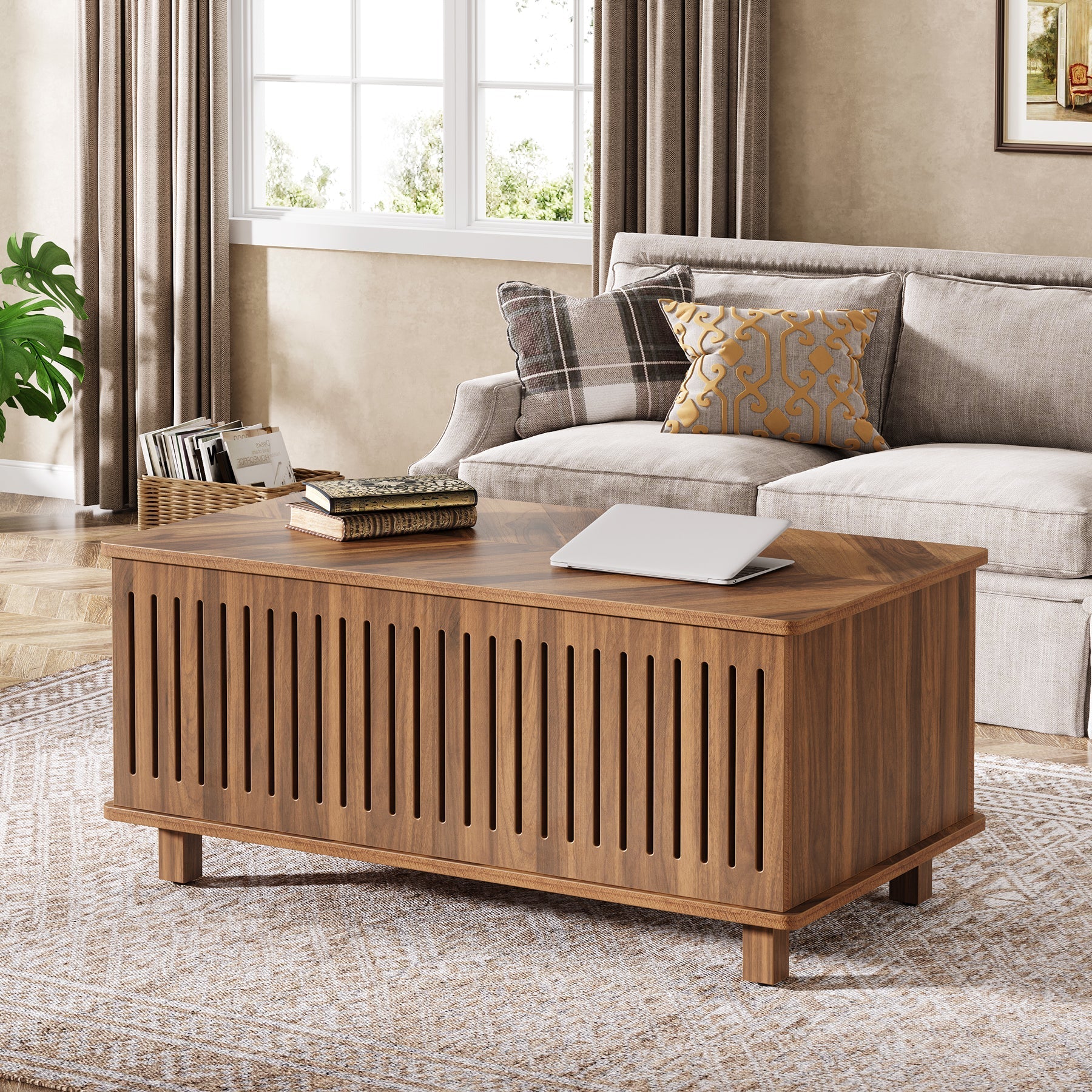 109 cm Coffee Table, Lift Top Center Table with Large Storage & Fence Design