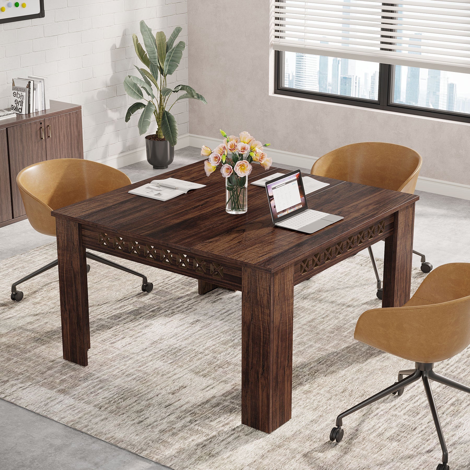 109 cm Conference Table, Wood Square Meeting Desk with Heavy Legs