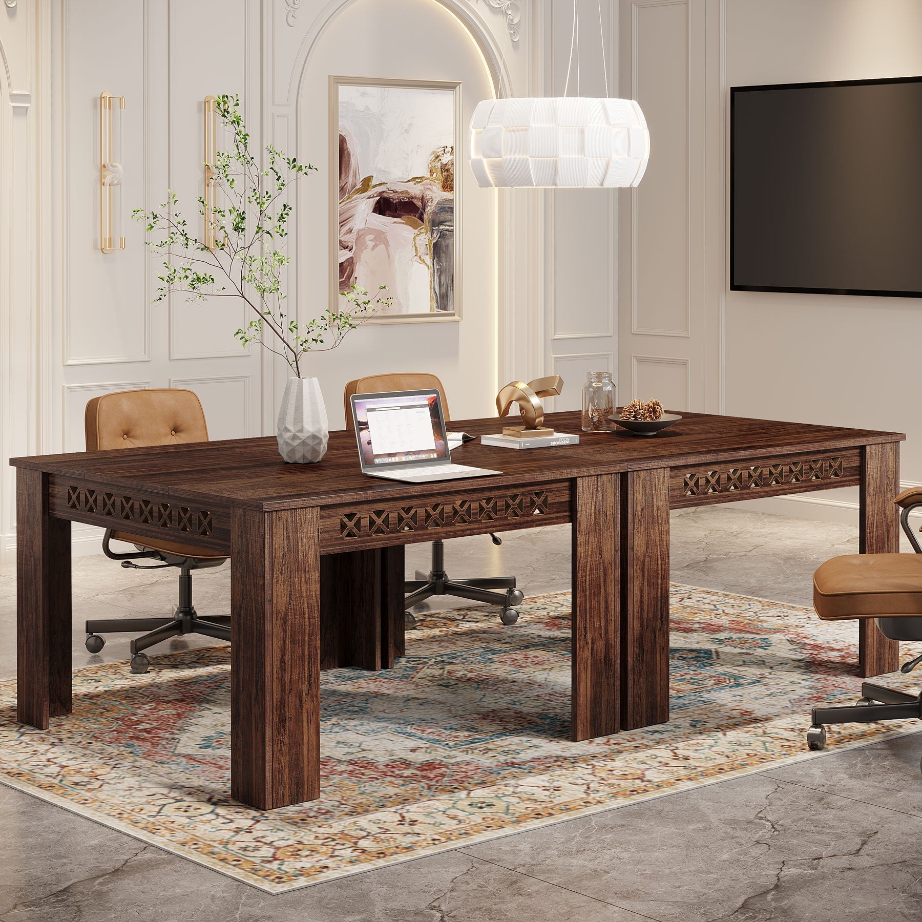 109 cm Conference Table, Wood Square Meeting Desk with Heavy Legs