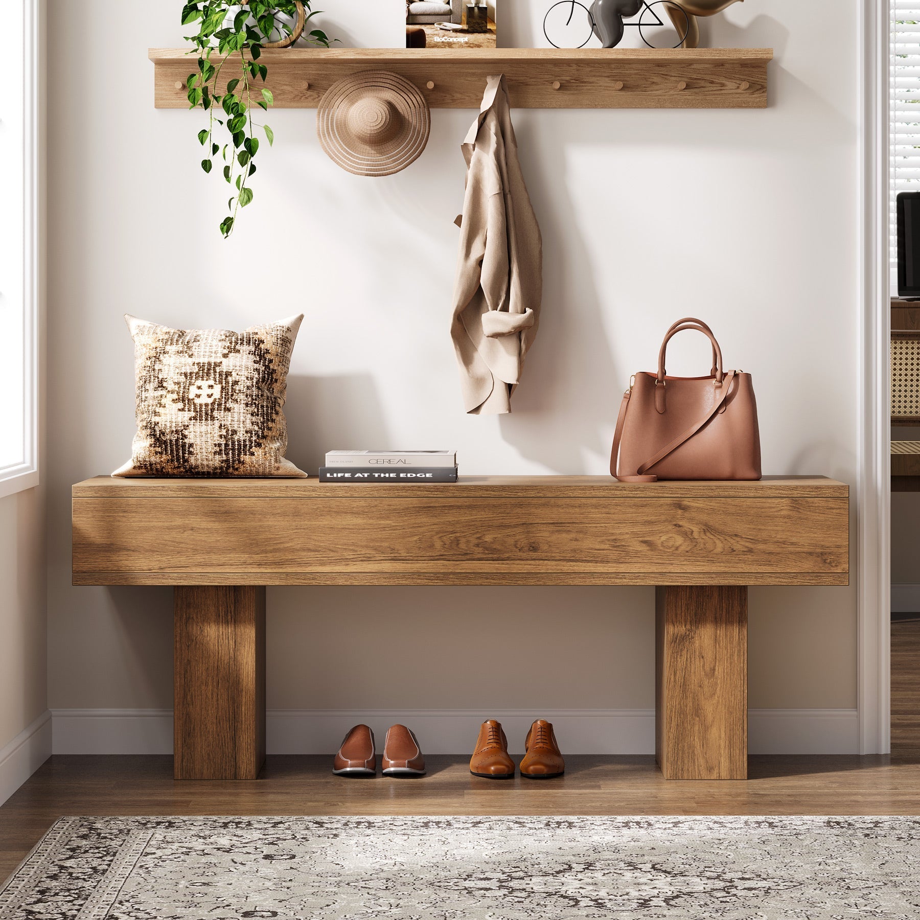 109 cm Entryway Bench, Farmhouse Wooden Shoe-Changing Bench with Drawers