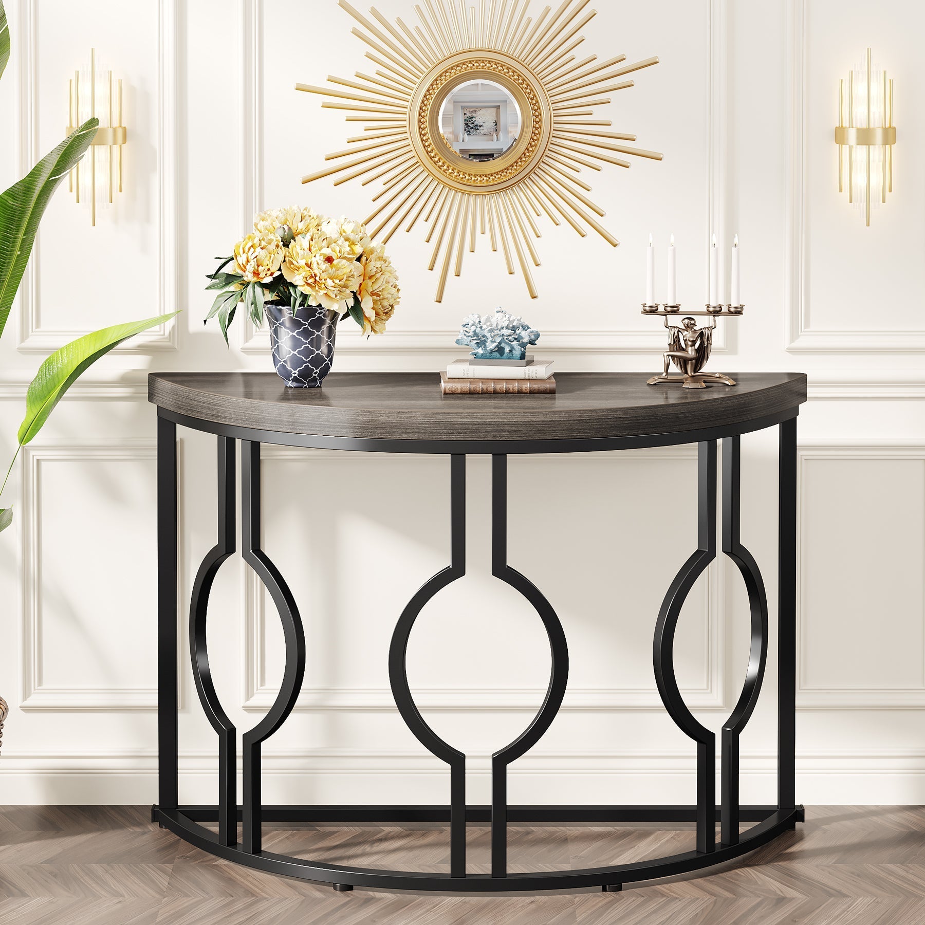 109 cm Industrial Console Table, Half Moon Shaped Accent Sofa Table