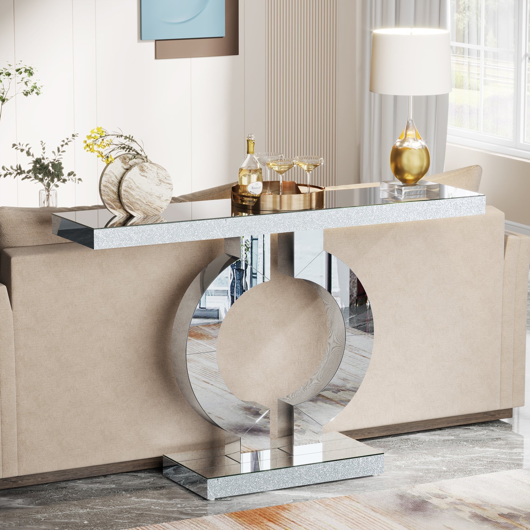 109 cm Mirrored Console Table, Modern Silver Sofa Table with O-Shaped Base