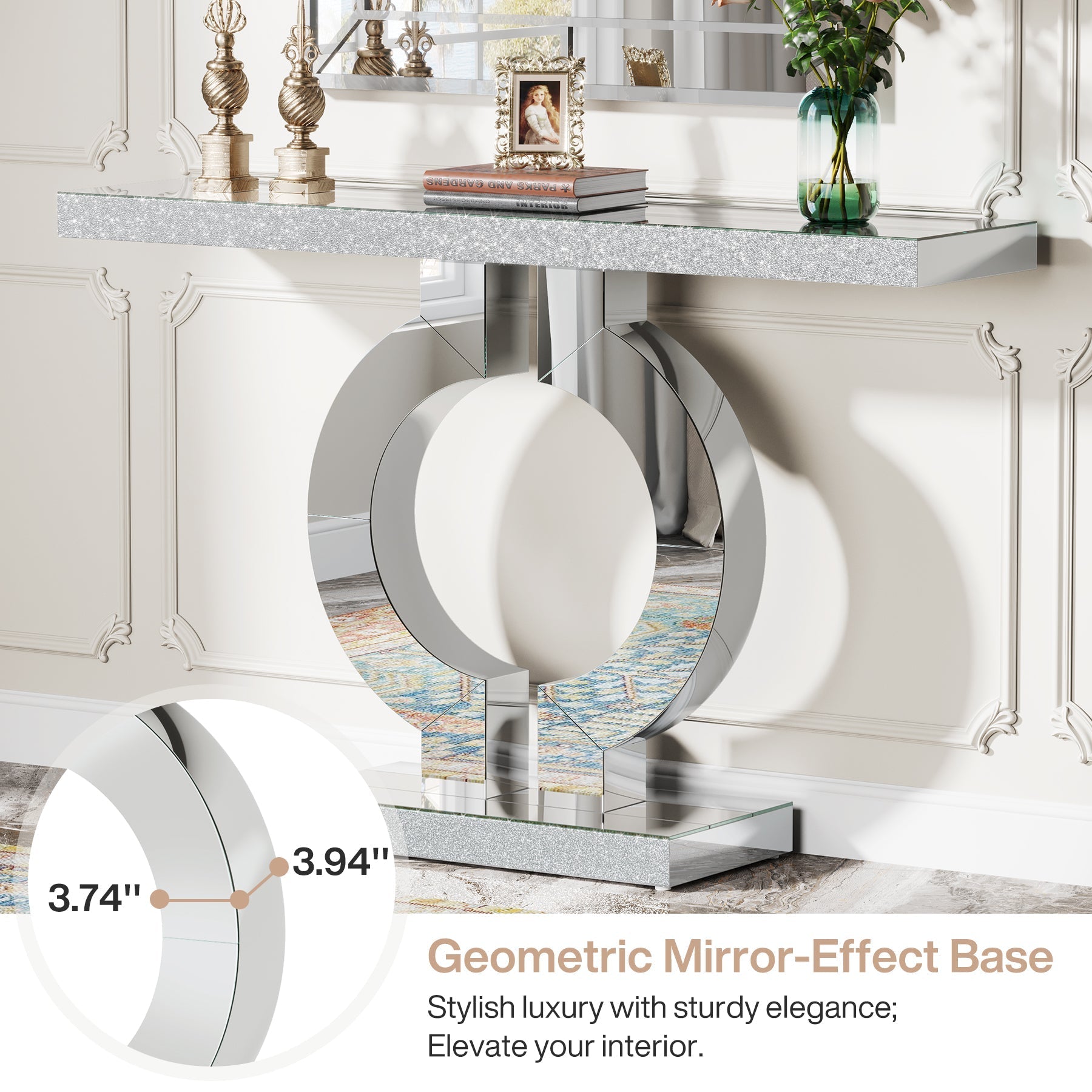 109 cm Mirrored Console Table, Modern Silver Sofa Table with O-Shaped Base