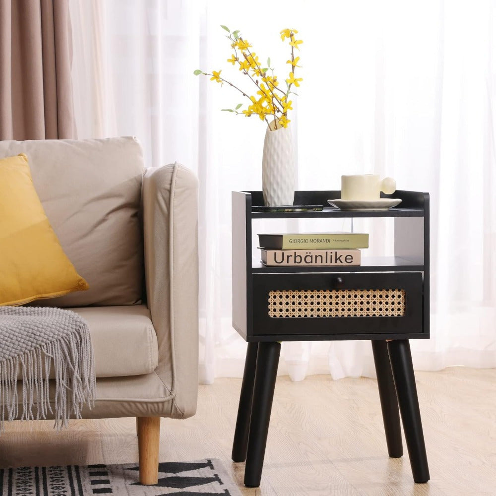 Modern Black Rattan Nightstand with Storage Drawer & Open Shelf - Solid Wood Legs, Perfect for Bedroom & Living Room