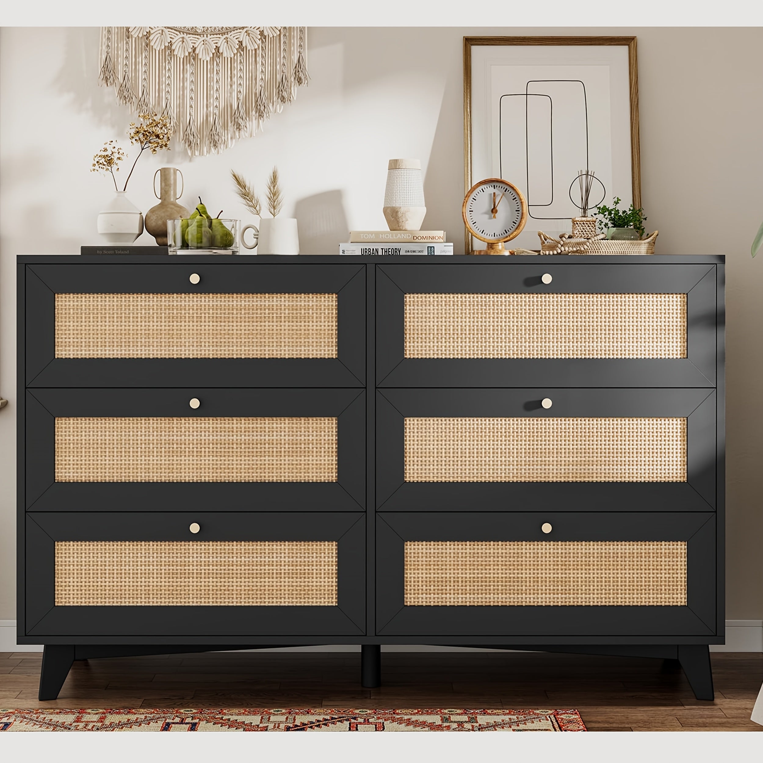 120cm Natural Color Rattan Dresser For Bedroom With 6 Drawers, Modern Double Wooden Wide Bedroom Dresser, Chest Of Drawers With Metal Handle & Solid Wood Legs For Bedroom/Living Room, (Natural Color/Black)