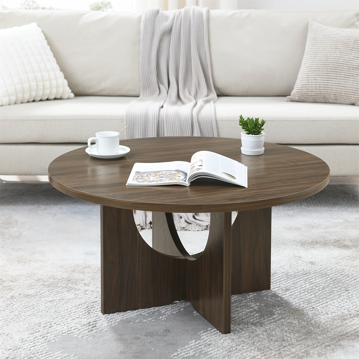 1pc Vintage Style Solid Hardwood Round Coffee Table - Space-Saving Design, No Electricity or Battery Needed, Ideal for Living Room Sofa Side Table