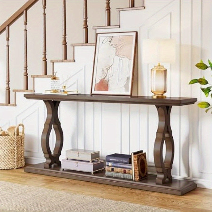 Extra Long Sofa Table Behind Couch, Wood Narrow 2-Tier Entry Console Table with Geometric Shape, Accent Entryway Table Open Storage Shelves, Hallway, Living Room, Deck Boxes, Christmas Clearance, Box, Cabinet, Rack for Outdoor (in cm)