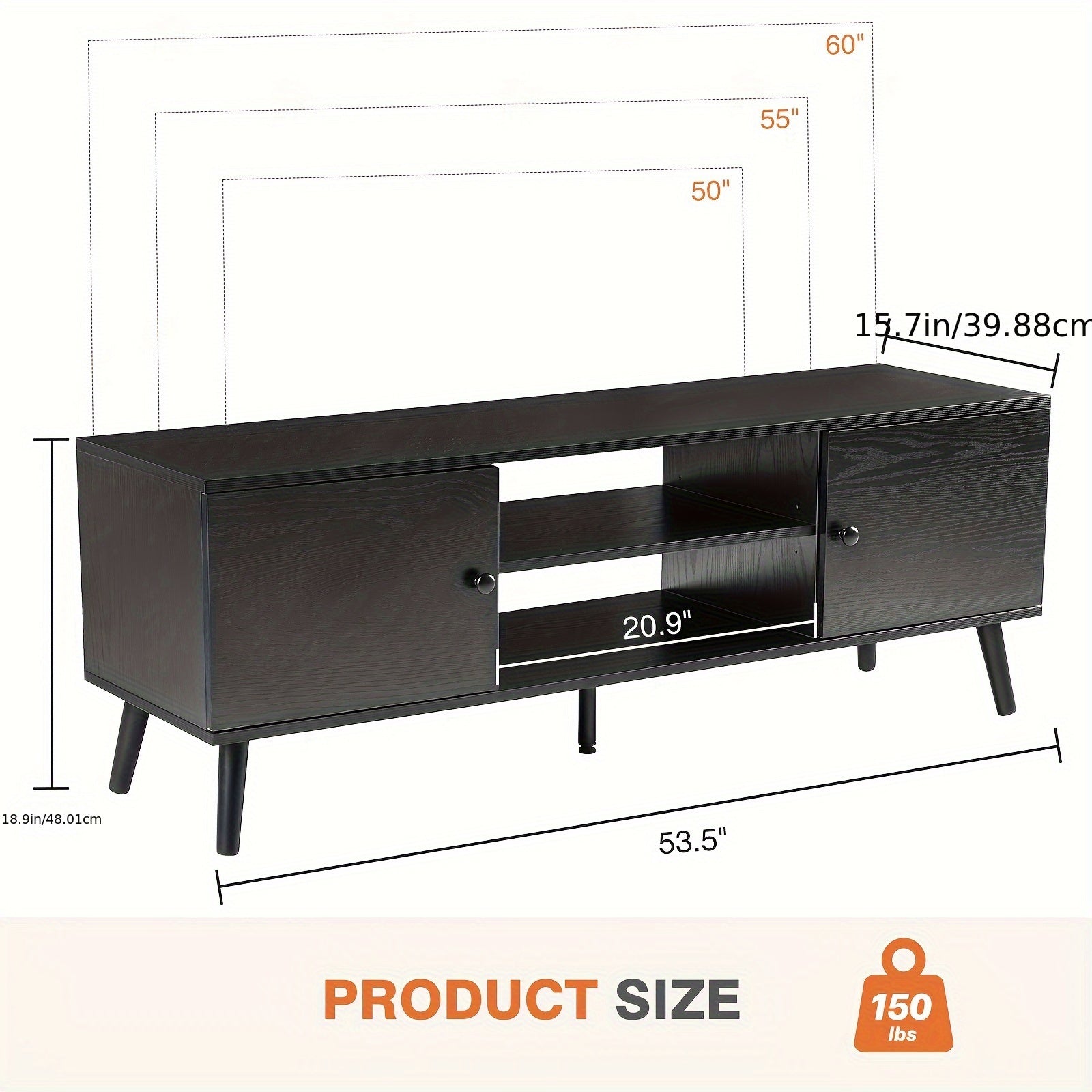 TV Stand for 152cm Television, Entertainment Center with Storage, 2 Cabinet Media Console Table, Soft Hinge Door with Handle, Wood Feet, Office Furniture