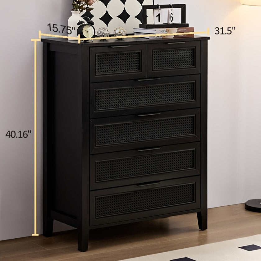 Black Dresser, 6 Chests of Drawers for Bedroom, Tall Dresser Black Rattan Drawer Dresser, Modern 6 Drawer Dresser with Rattan Drawer for Closet, Home Office