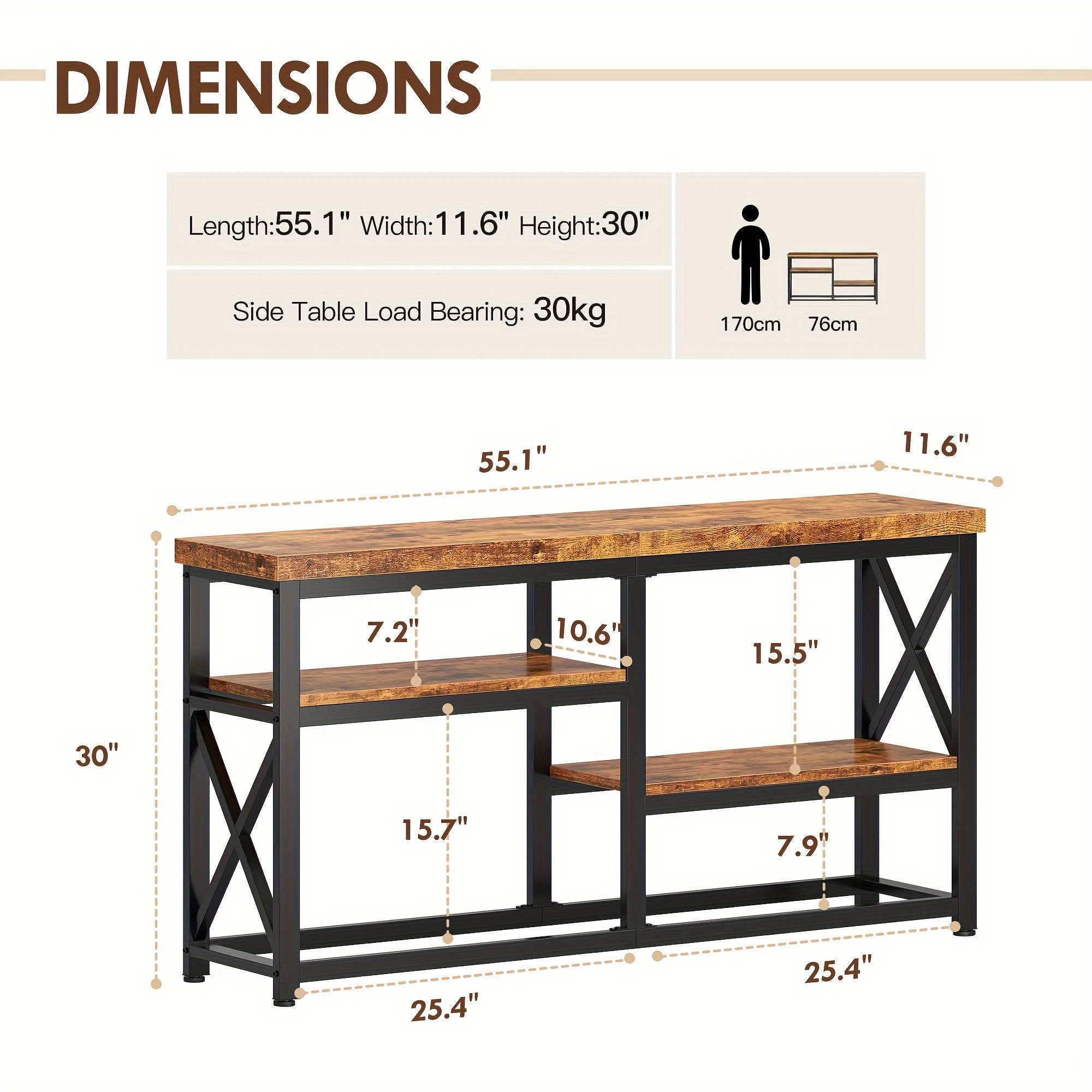 140 cm Narrow Sofa Console Table, Hallway Table With 3-Tier Wooden Shelves And Industrial Metal Frame, Ideal For Entryway, Hallway, Or Living Room Behind Couch