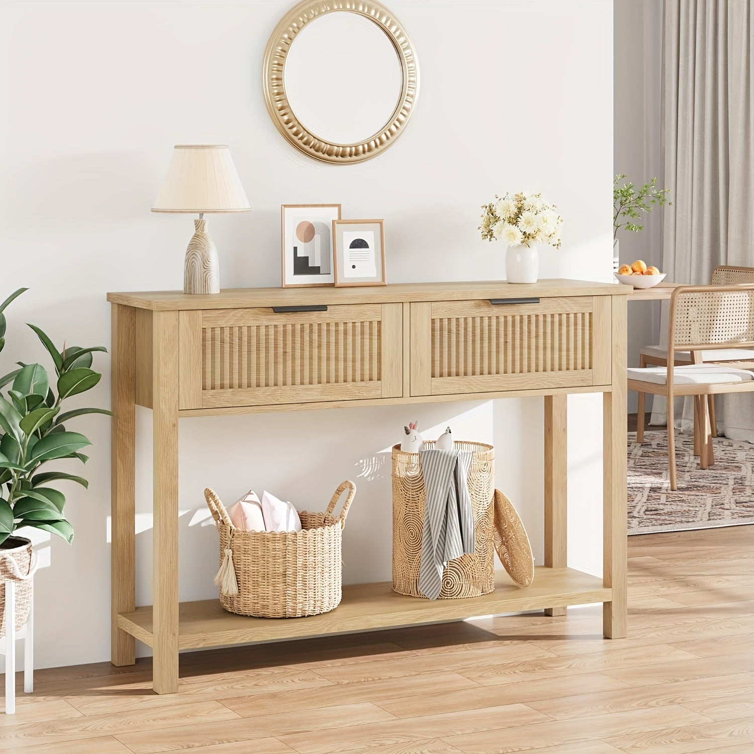 Farmhouse Entryway Table, 109.22 cm Wood Console Table with 2 Drawers, 2 Tier Sofa Table with Storage for Living Room, Foyer Tables for Entryway - Burlywood