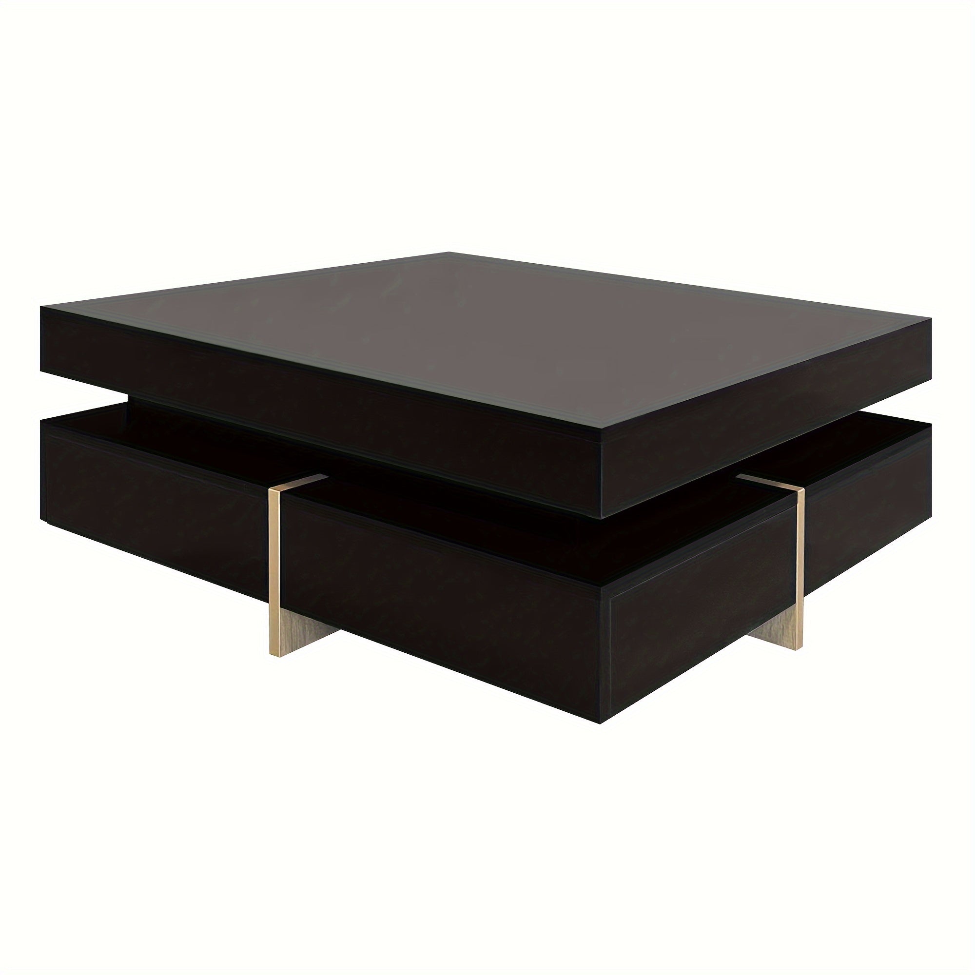 Modern High Gloss Coffee Table with 4 Drawers, Multi-Storage Square Cocktail Tea Table with Wood Grain Legs, Center Table for Living Room