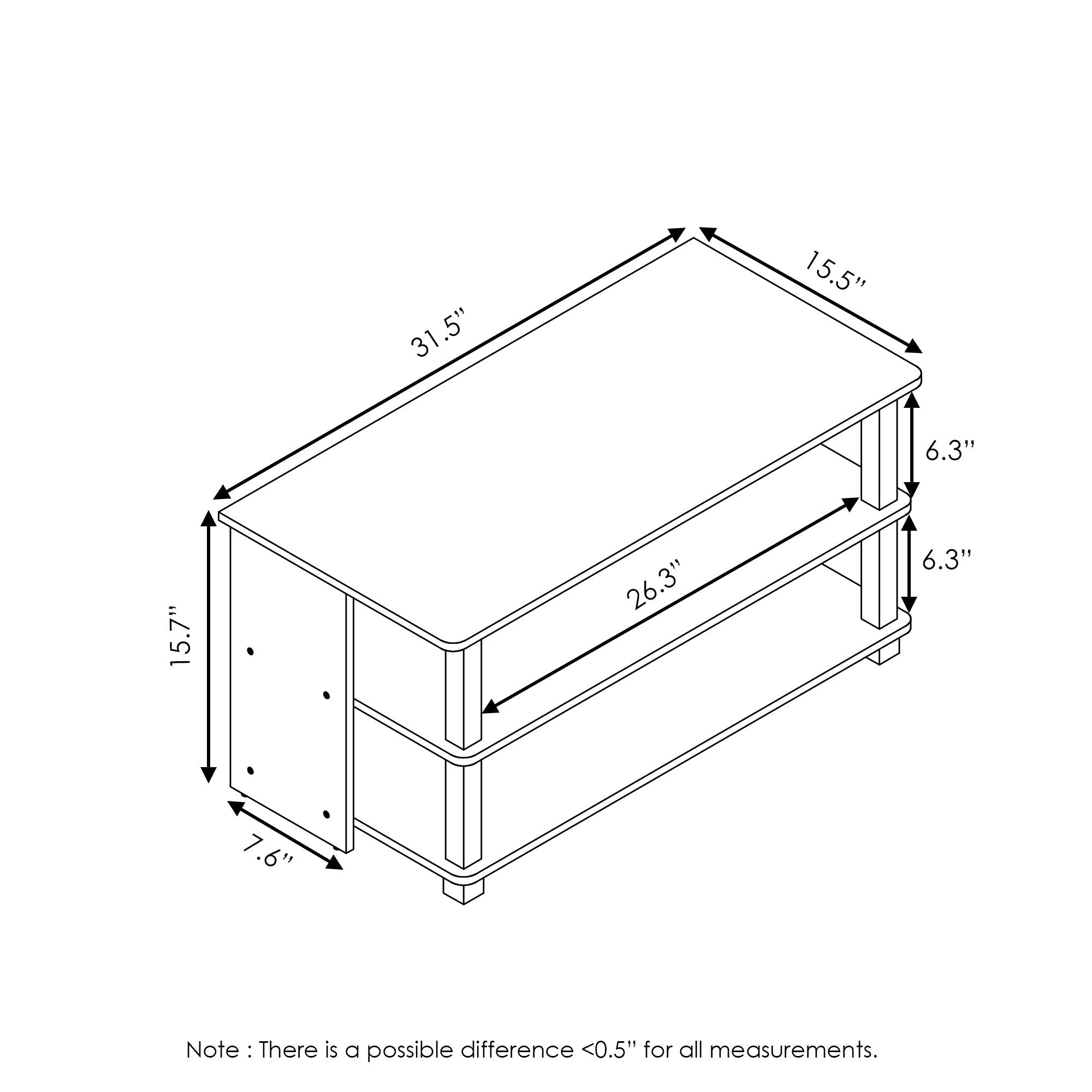 Modern 3-Tier TV Stand for Up to 102cm TVs, Freestanding Wooden Media Shelf with Risers, Contemporary Style, Under 27" High