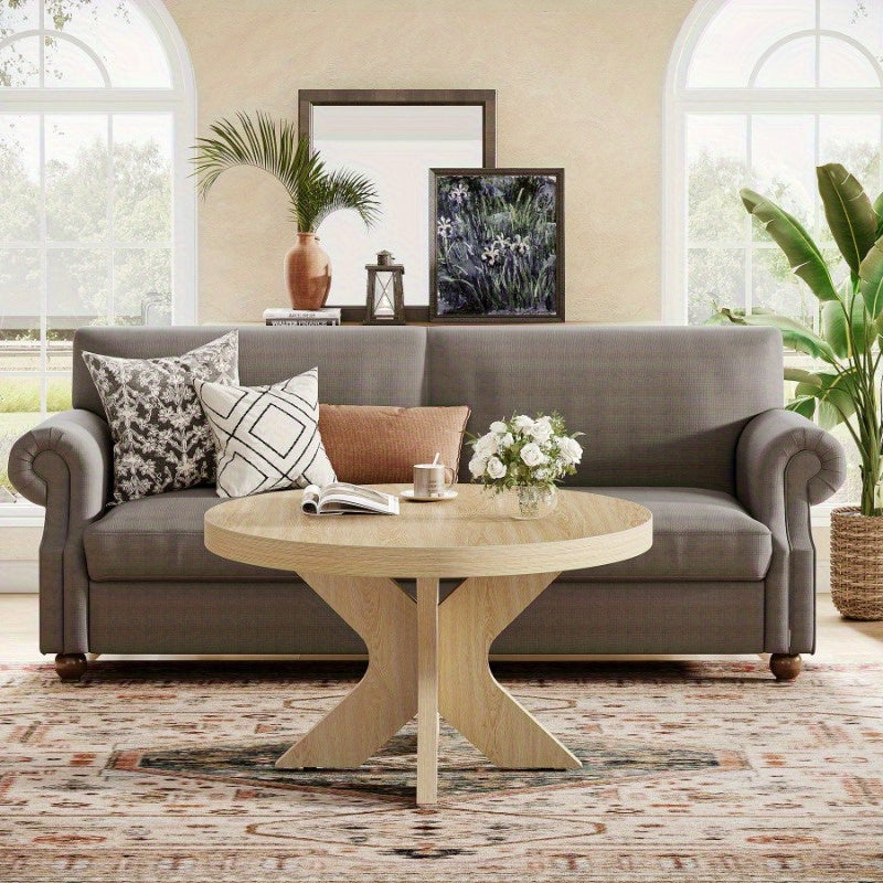 Elegant 79cm Round Wooden Coffee Table with Dual X-Shaped Legs - Modern Centerpiece for Living Room