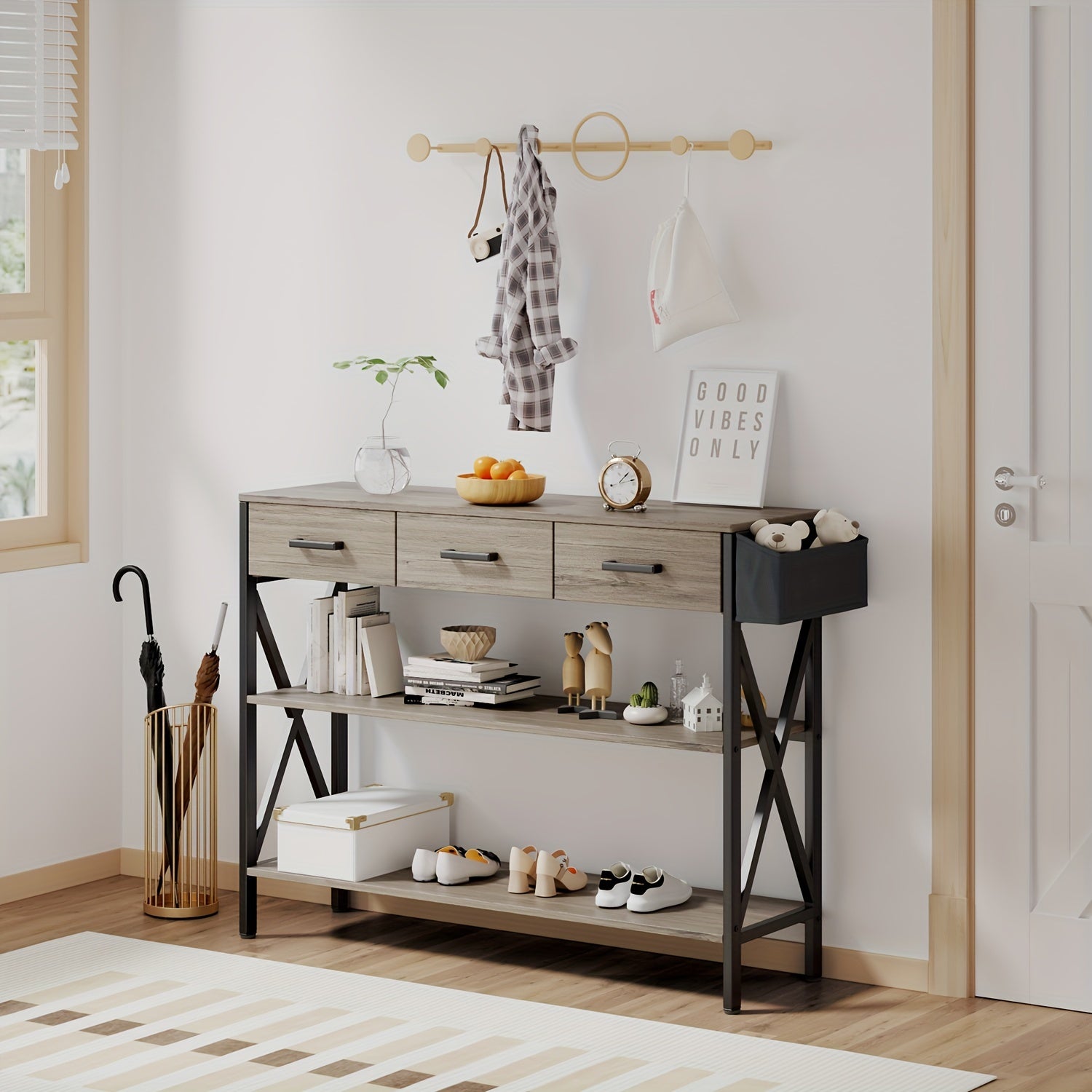 119 cm Console Table - Featuring Spacious Three Drawers and Three-Tier Shelves for Storage, Durable MDF Construction for Longevity, Easy Assembly Ideal for Hallways, Entryways, and Living Spaces