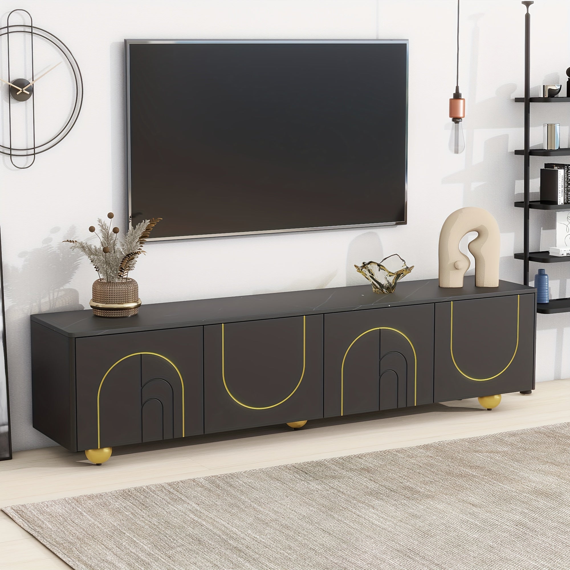 Modern TV Stand - Fits Up to 75" TVs, Marble Top & Golden Legs, Adjustable Shelf, Storage Cabinets Included - Perfect for Living Room Entertainment Center