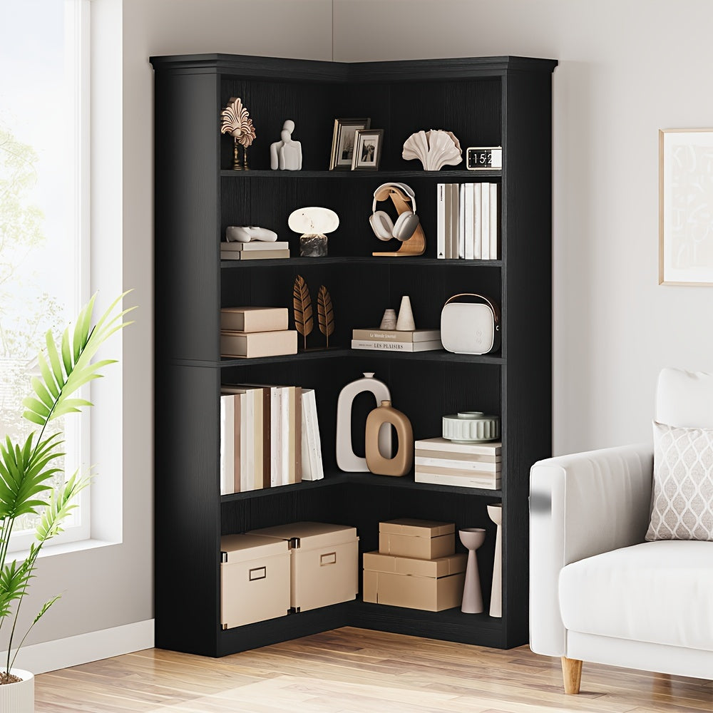 183cm Tall 5 Tier Large Corner Bookshelf, L Shaped Bookshelf Storage Display Rack, For Living Room Bedroom