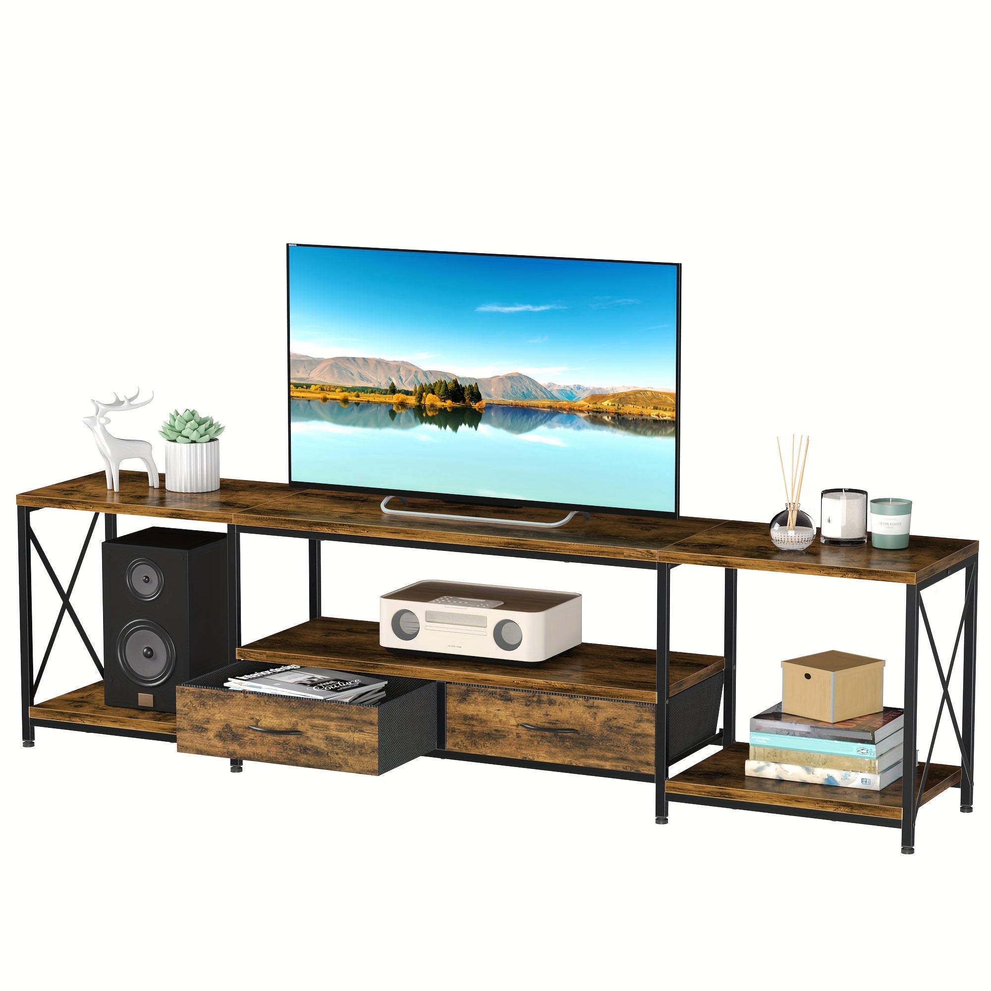 TV Stand With Fabric Drawer, Entertainment Center With Open Storage Shelves For Living Room, Industrial TV Console Table For Bedroom, Multifunctional And Space-saving, Home Theater Furniture, Kitchen Storage Shelf