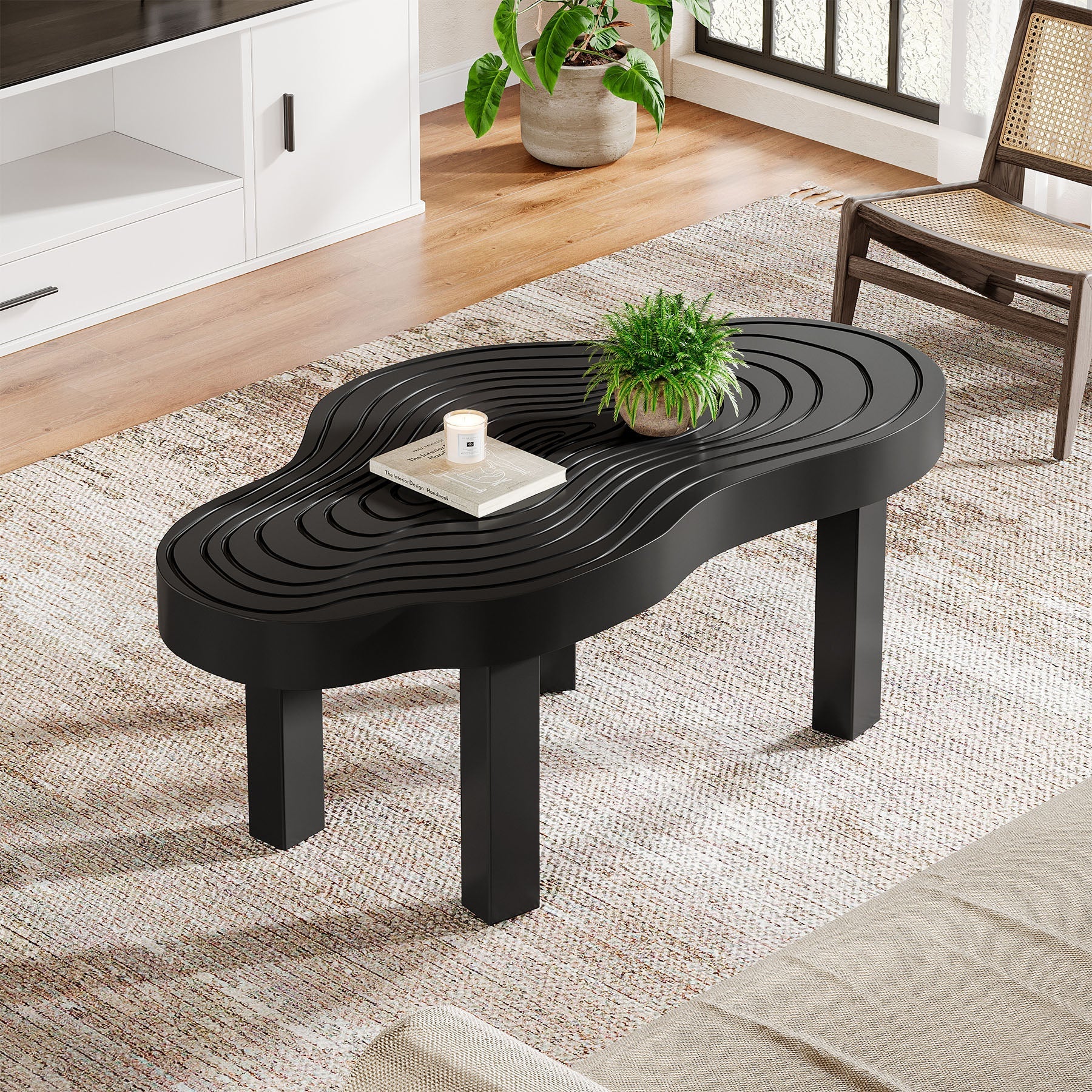 114 cm Coffee Table, Modern Irregular Center Table with Thick Tabletop