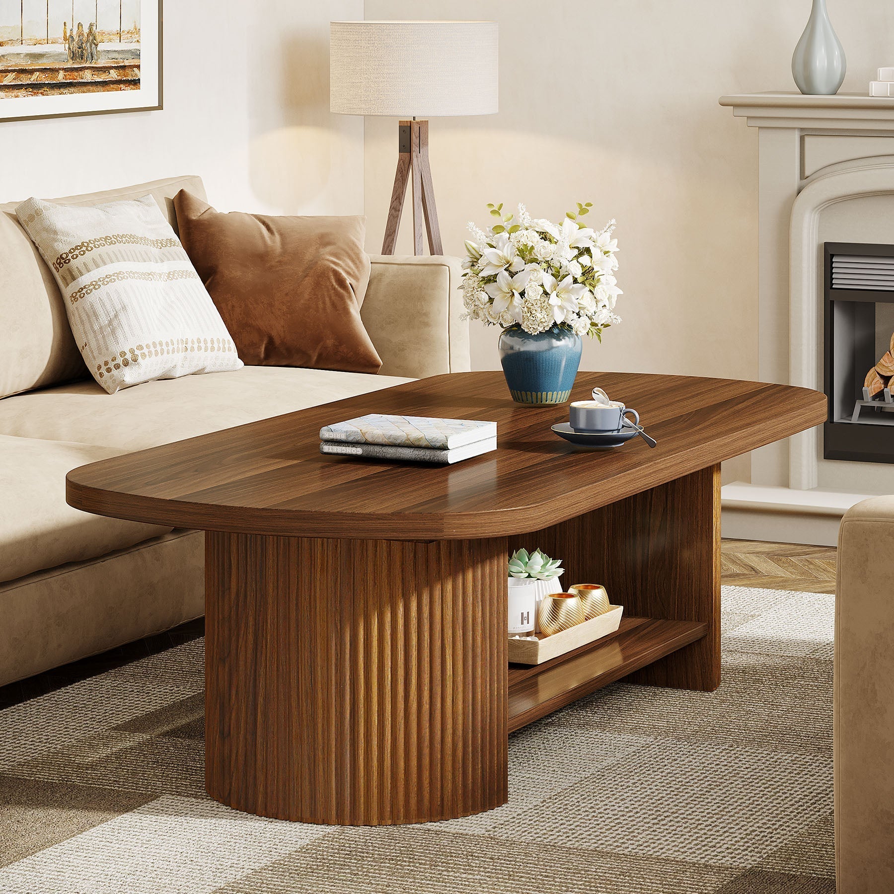 114.3 cm Coffee Table, Modern Oval 2-Tier Center Table With Storage