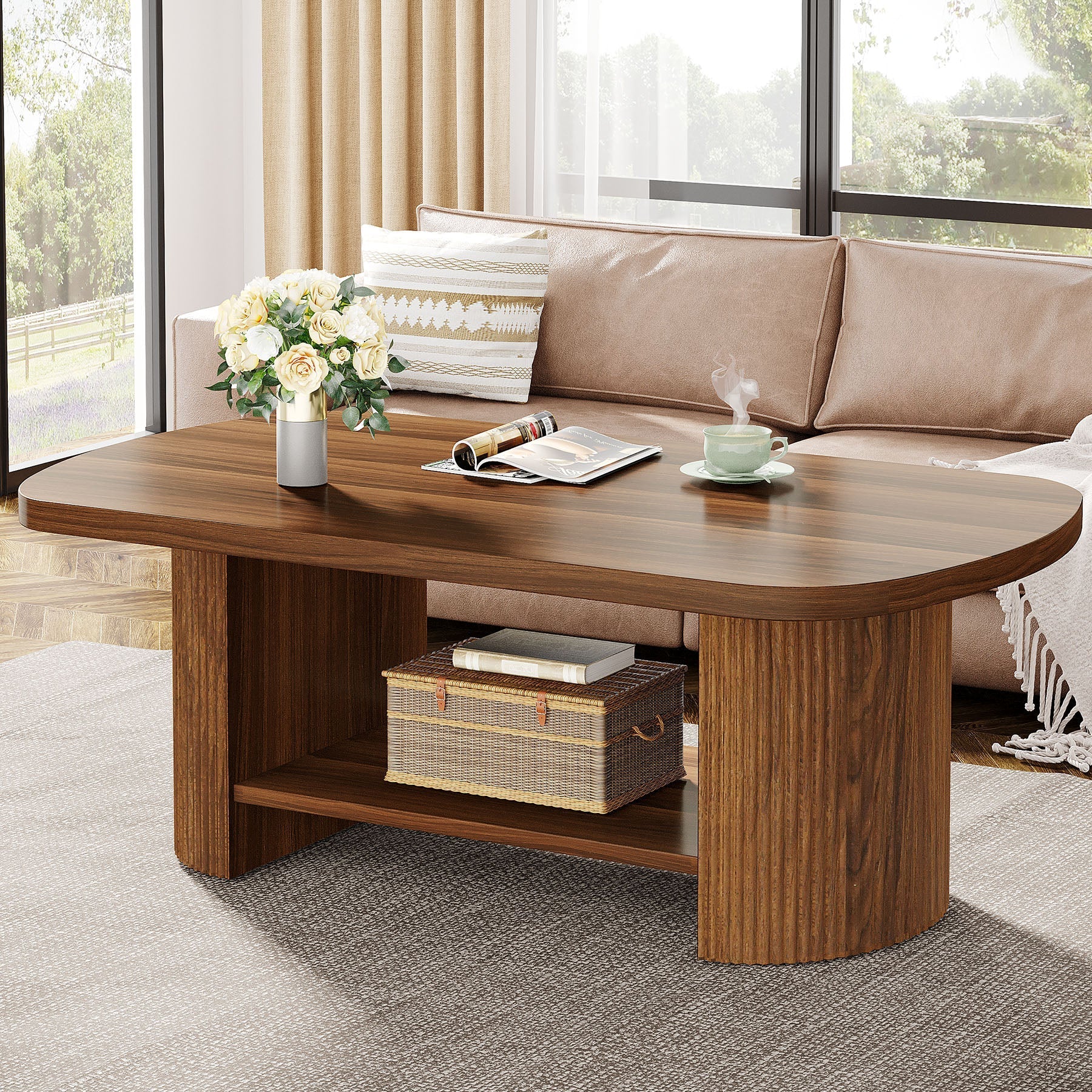 114.3 cm Coffee Table, Modern Oval 2-Tier Center Table With Storage