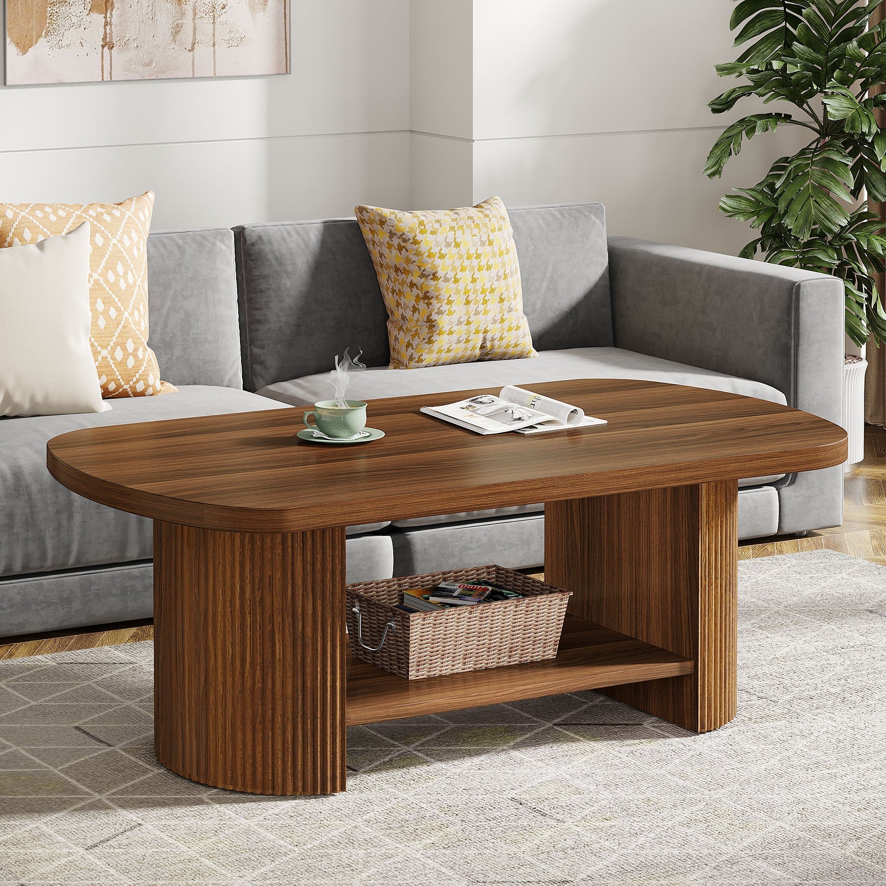 114.3 cm Coffee Table, Modern Oval 2-Tier Center Table With Storage