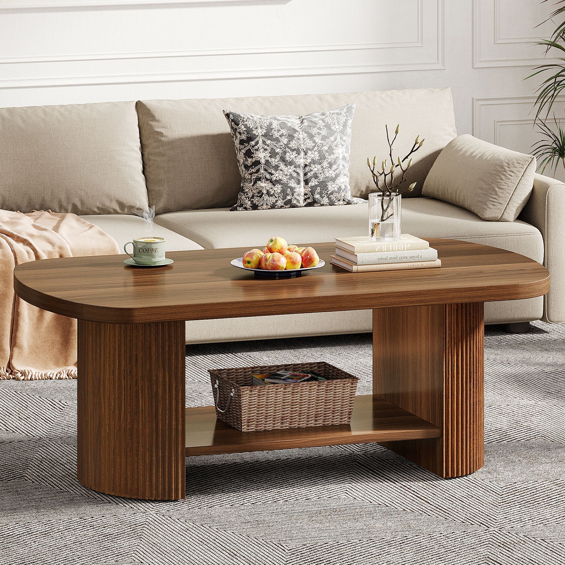 114.3 cm Coffee Table, Modern Oval 2-Tier Center Table With Storage