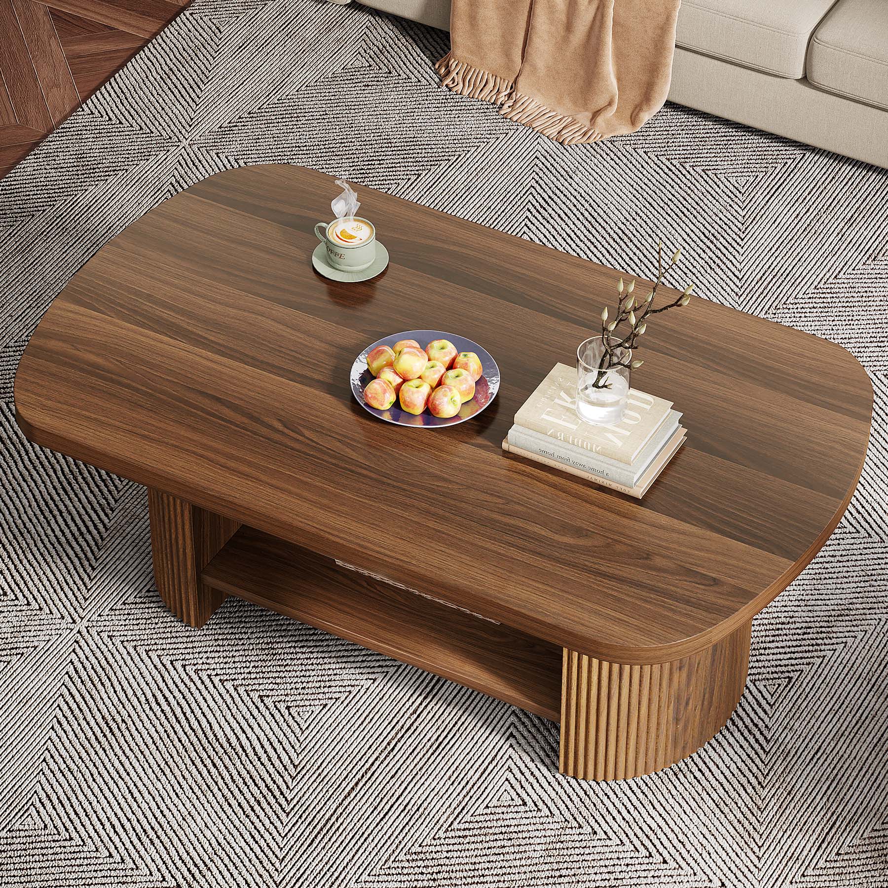 114.3 cm Coffee Table, Modern Oval 2-Tier Center Table With Storage