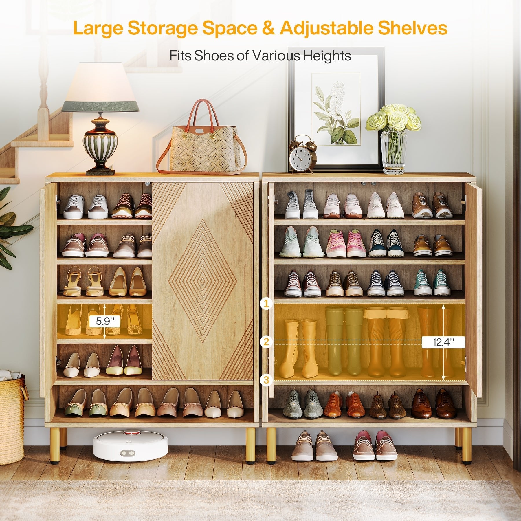 114 cm Shoe Cabinet, Wood Shoe Organizer Rack with Adjustable Shelves