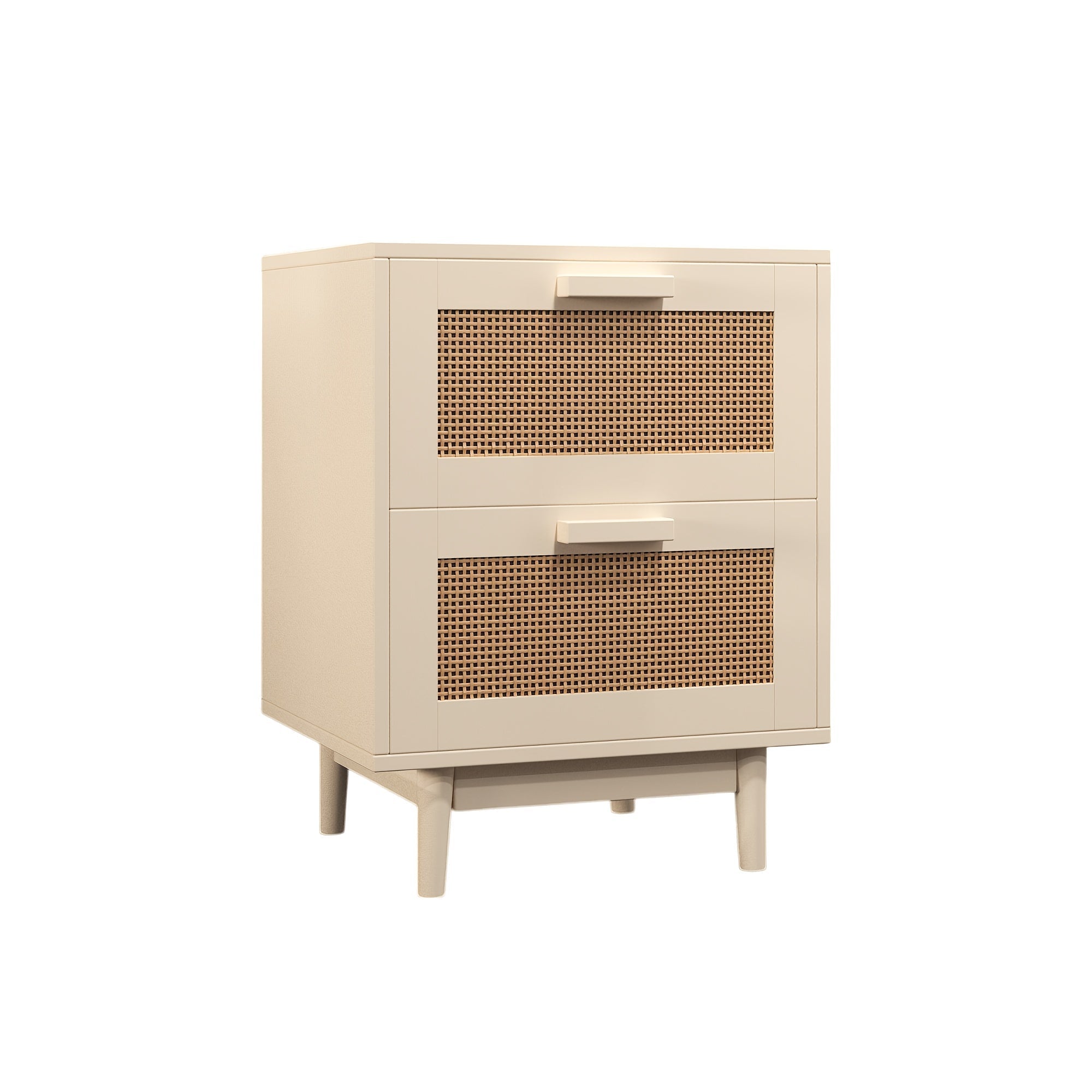 Chic Beige Rattan Bedside Table with Decorative Wicker Drawers - Space-Saving Wooden Coffee Table on Anti-Slip Legs, Perfect for Bedroom, Living Room, or Hallway Decor, Bedside Table for Bedroom