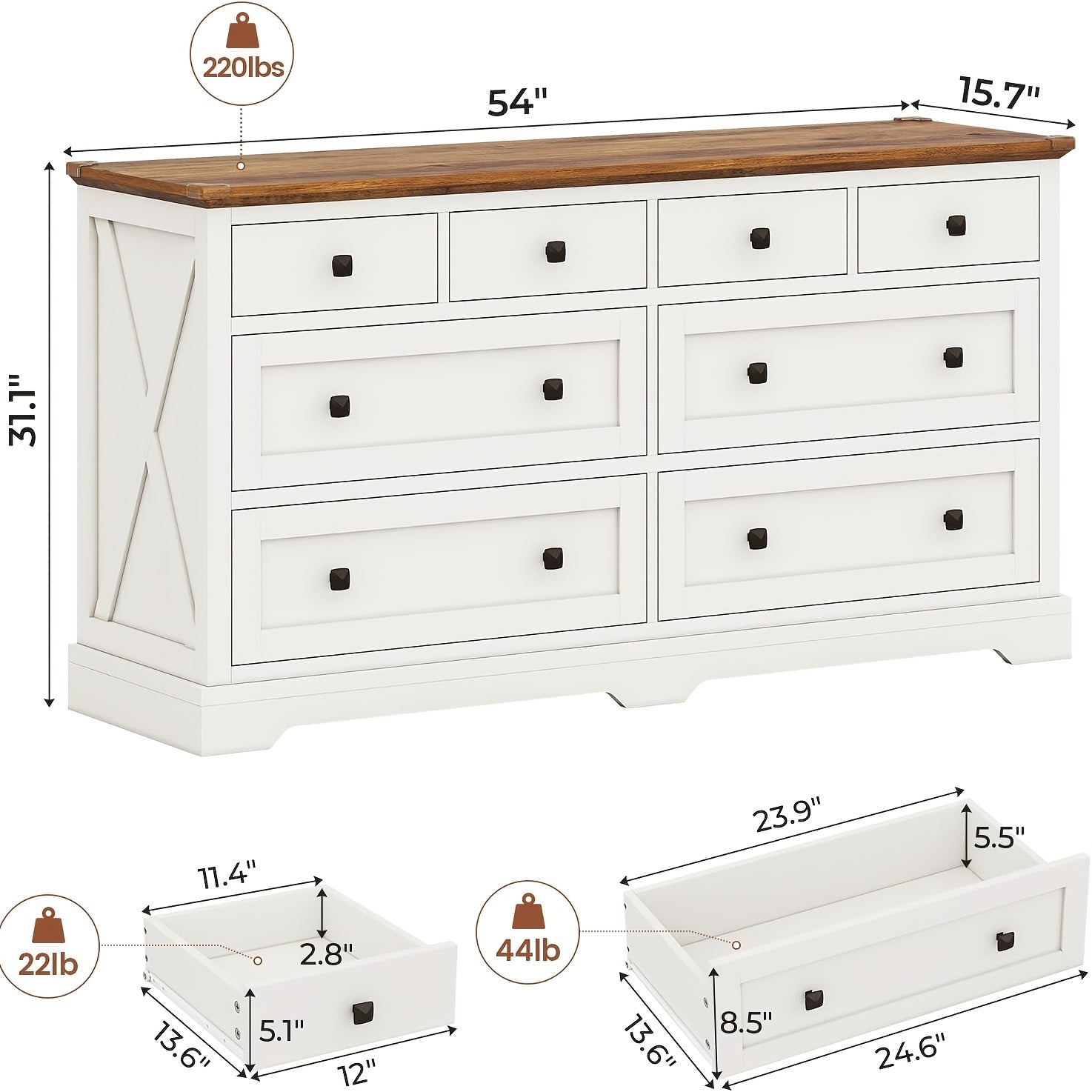 8 Wooden Drawers Dresser For Bedroom, 138cm Double Dresser TV Stand, Chest Of Drawers Large Storage Capacity For Living Room, Entryway, Antique White