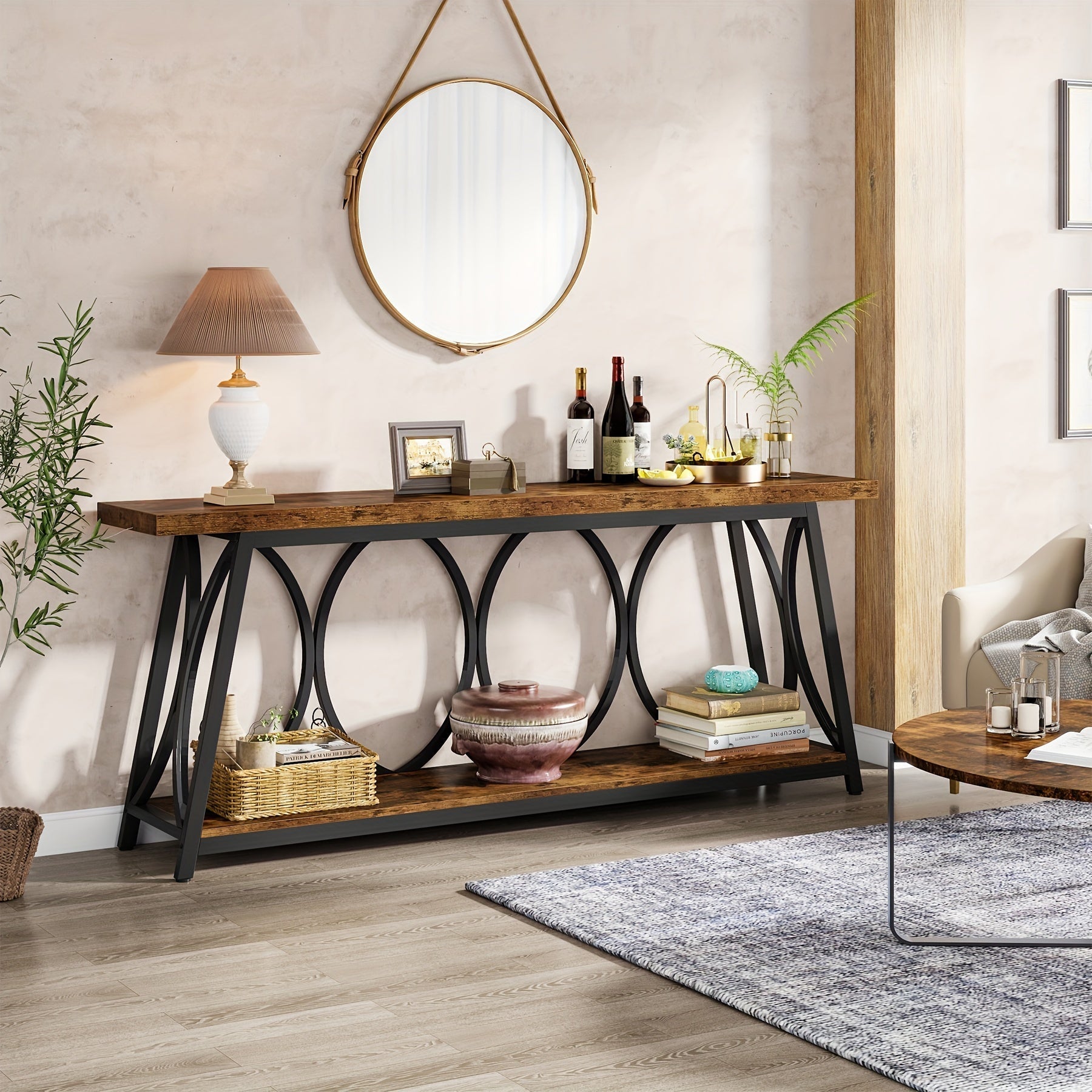 180 cm Extra Long Console Table: Industrial Sofa Table with 2-Tier Storage Shelf for Behind Couch, Narrow Entryway Hallway Accent Table for Living Room