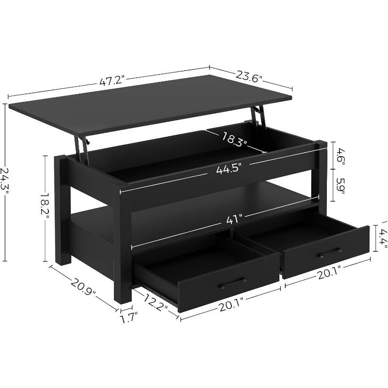 Coffee Table, 120cm Lift Top Coffee Table with Drawers and Hidden Compartment, Retro Central Table with Wooden Lift Tabletop, for Living Room