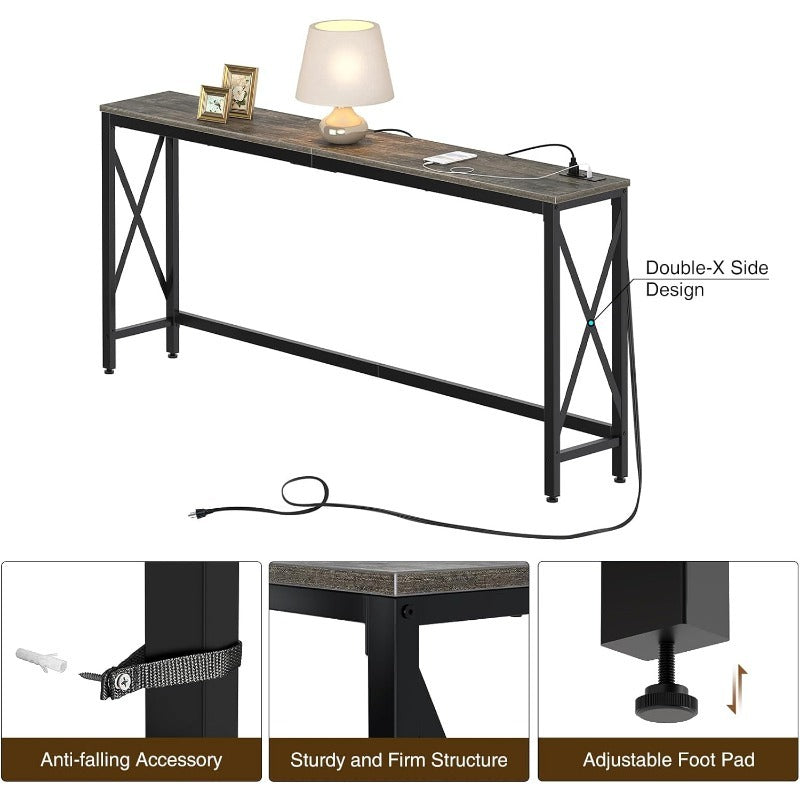 Console Table with Power Outlet, Sofa Table with Charging Station, Narrow Entryway Table, Skinny Hallway Table, Behind Couch Table 100 x 30/20, 140 x 30/20, 180 x 30/20 Farmhouse Table Behind Sofa Couch H