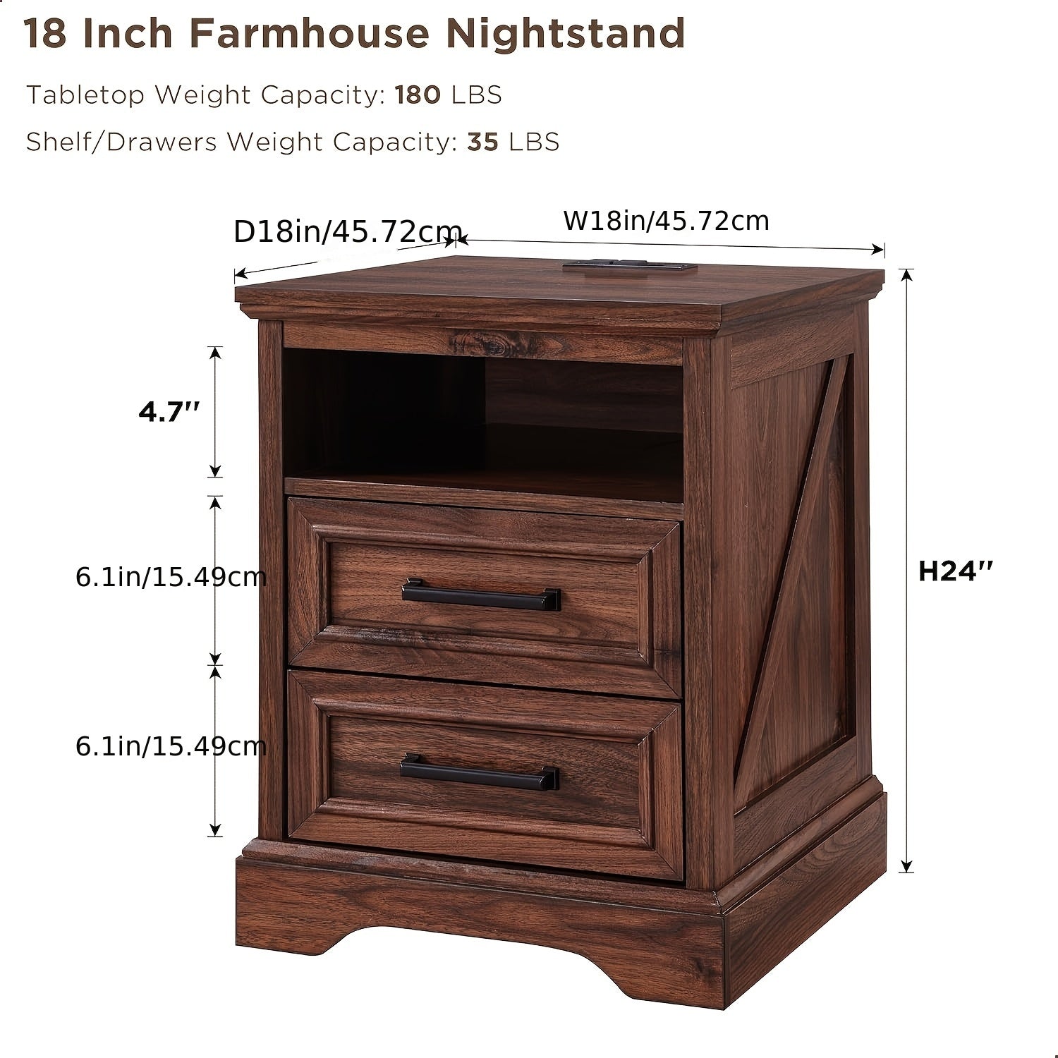 46cm Farmhouse Nightstand With Charging Station, End Table With 2 Drawers Storage, Side Table, Bedside Cabinet For Bedroom, Living Room